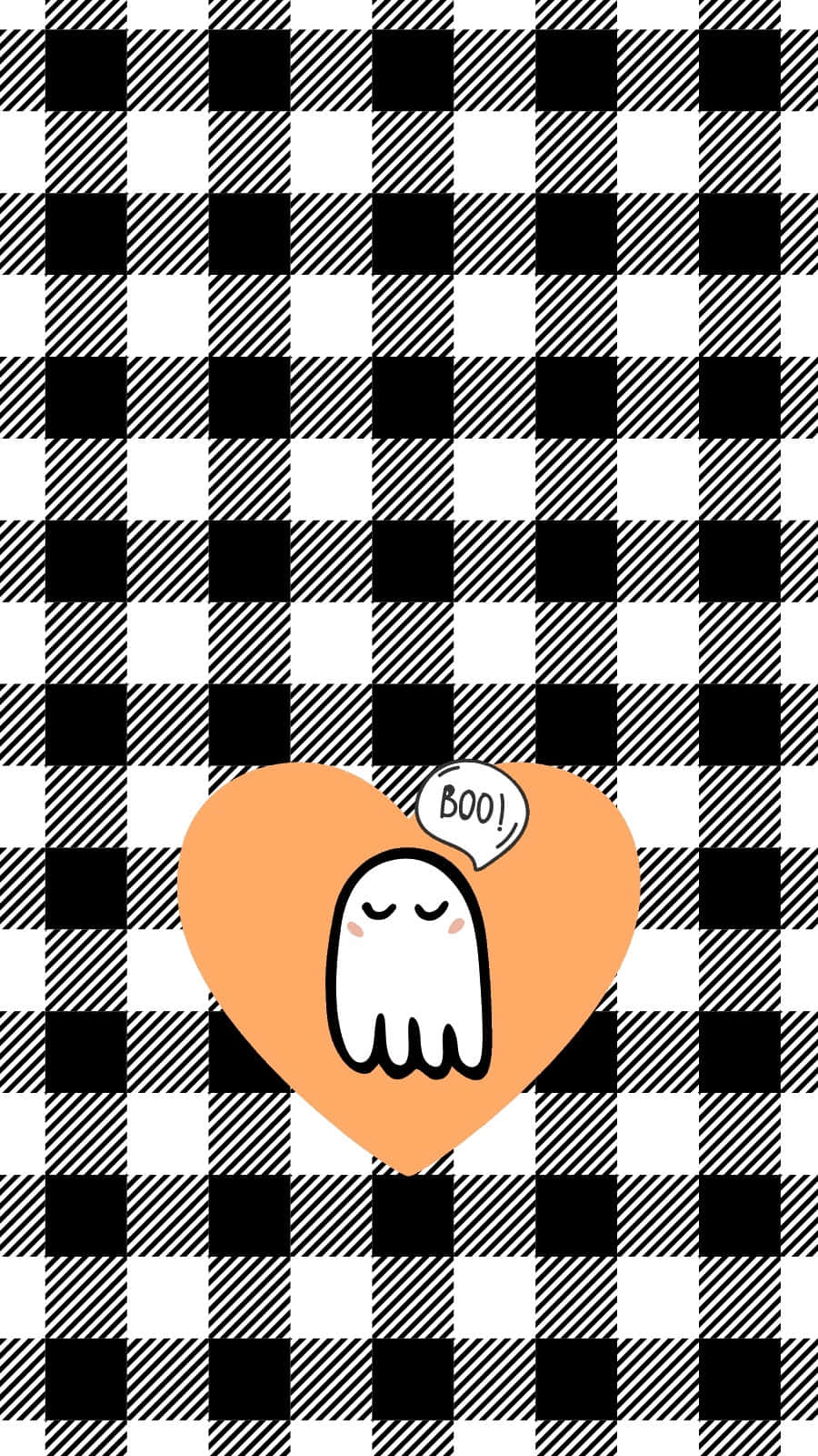Halloween Phone 桌布 壁紙 — 一個可愛的卡通鬼魂，閉著眼睛，臉頰泛紅，坐在一個橙色的心形內，背景是黑白格紋圖案。