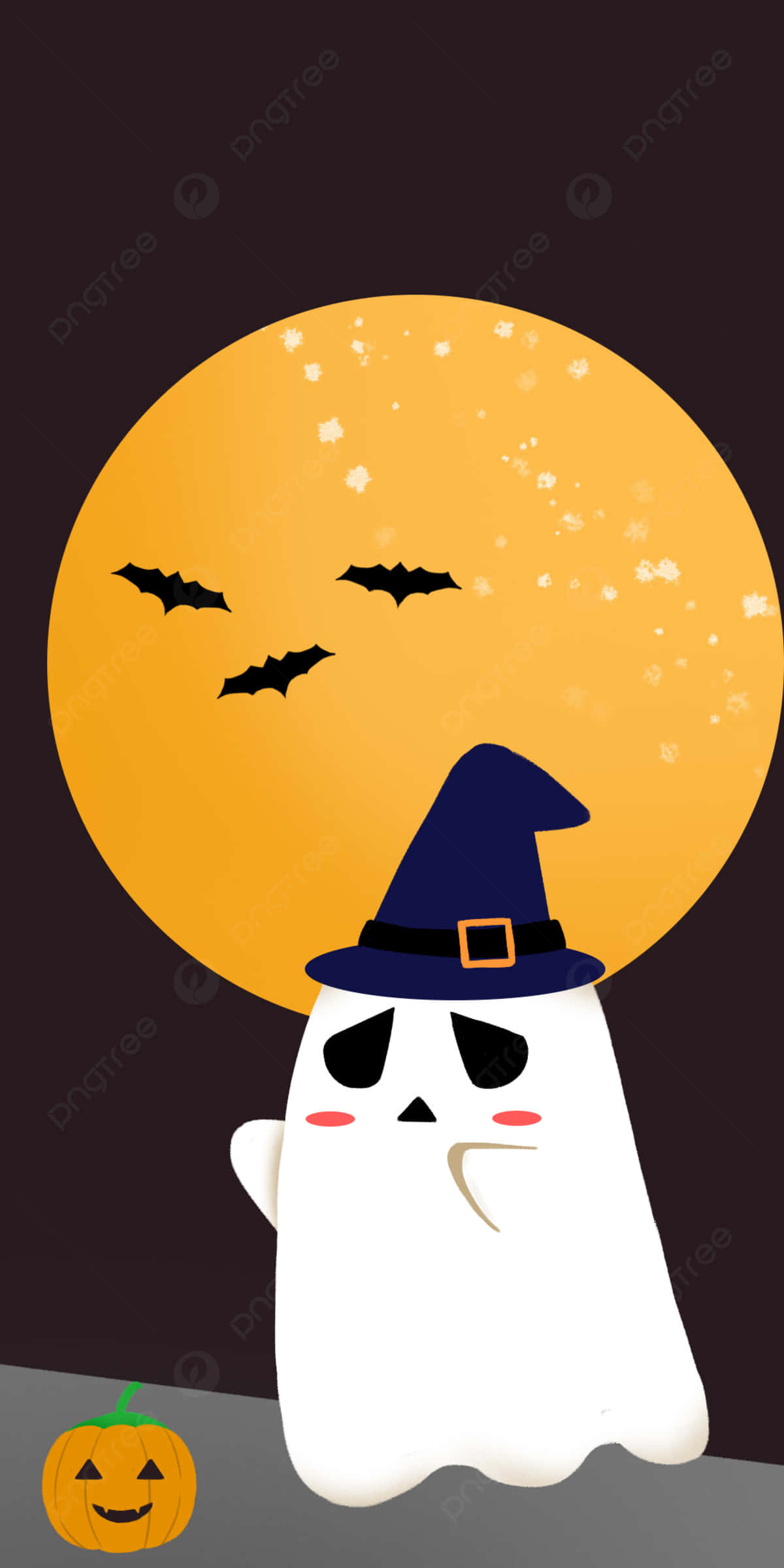 Cute Ghost 桌布 壁紙 — 一個可愛的卡通鬼魂戴著女巫帽，站在發光的橙色月亮前，蝙蝠飛過，附近有一個南瓜燈。