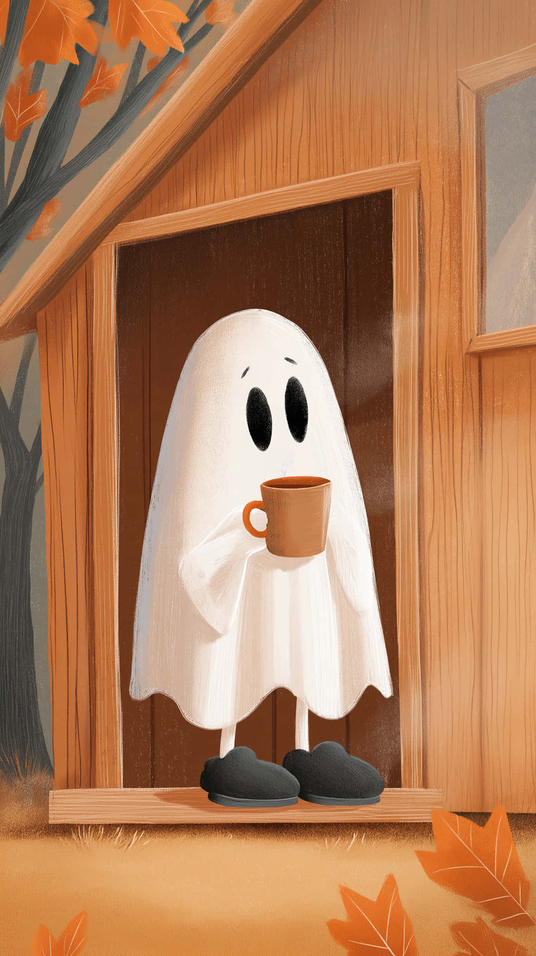 Charming Cartoon Ghost with Mug in Autumn Cabin 壁紙 — 一個可愛的卡通鬼魂穿著白色床單，拿著一個棕色杯子，站在一個木門框內，周圍是橙色的秋葉。