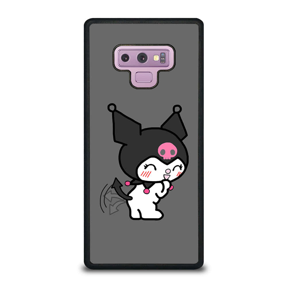 Hello Kitty And Friends 桌布 壁紙 — 一個可愛的卡通魔鬼角色，有黑色角和粉紅色頭骨，在灰色手機殼上。