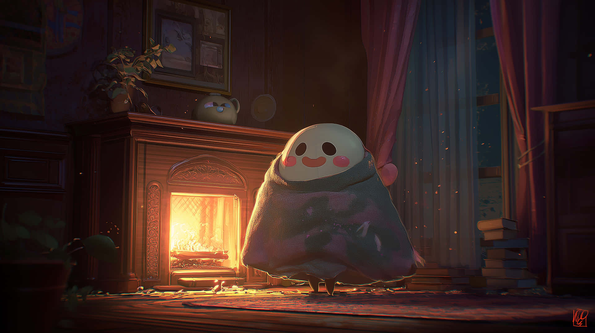 Happy Ghost with Blanket by Fireplace in Warm Room 壁紙 — 一個可愛的圓形角色裹著毯子，站在一個有窗簾和書籍的舒適昏暗房間裡，發光的壁爐前。