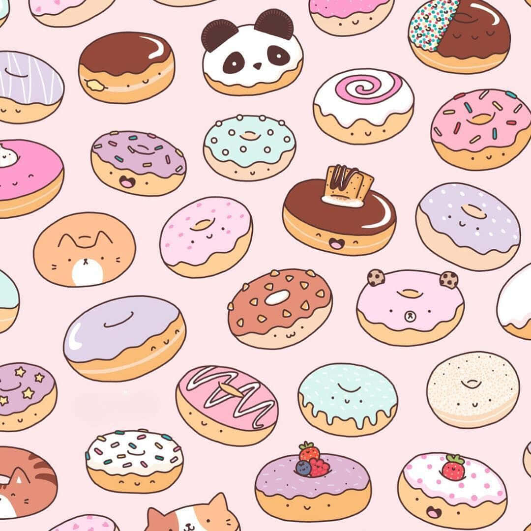 Cute Donut 桌布 壁紙 — 一個可愛的圖案，微笑的甜甜圈上有臉和配料，背景是柔和的粉紅色。