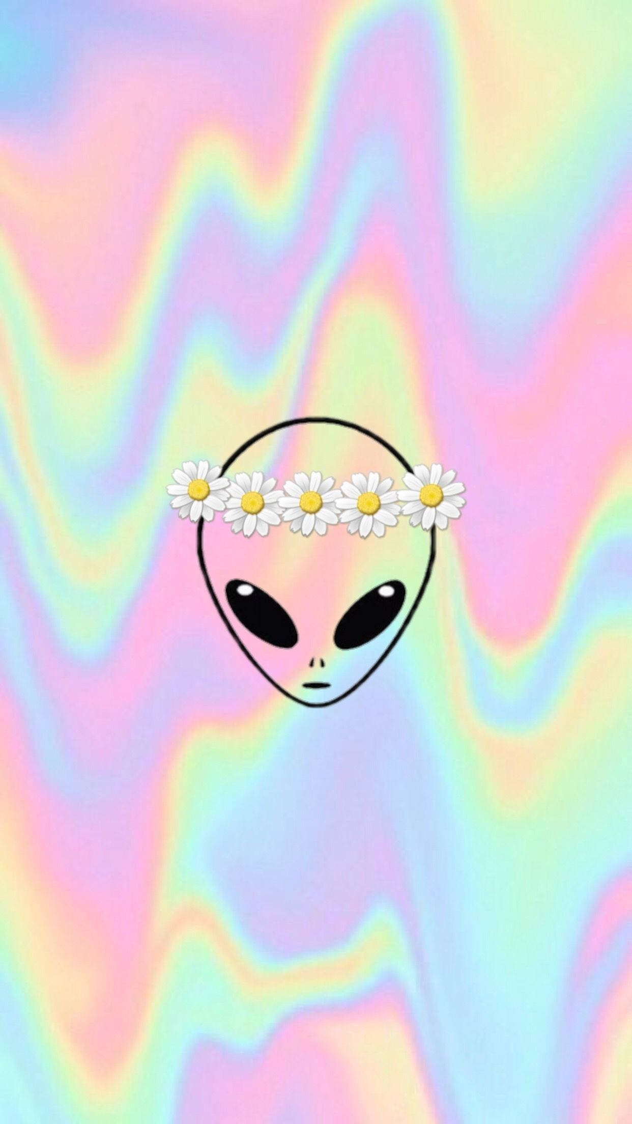 Cool Alien 桌布 壁紙 — 一個可愛的外星人戴著雛菊花冠，漂浮在夢幻的粉彩彩虹漩渦背景上。