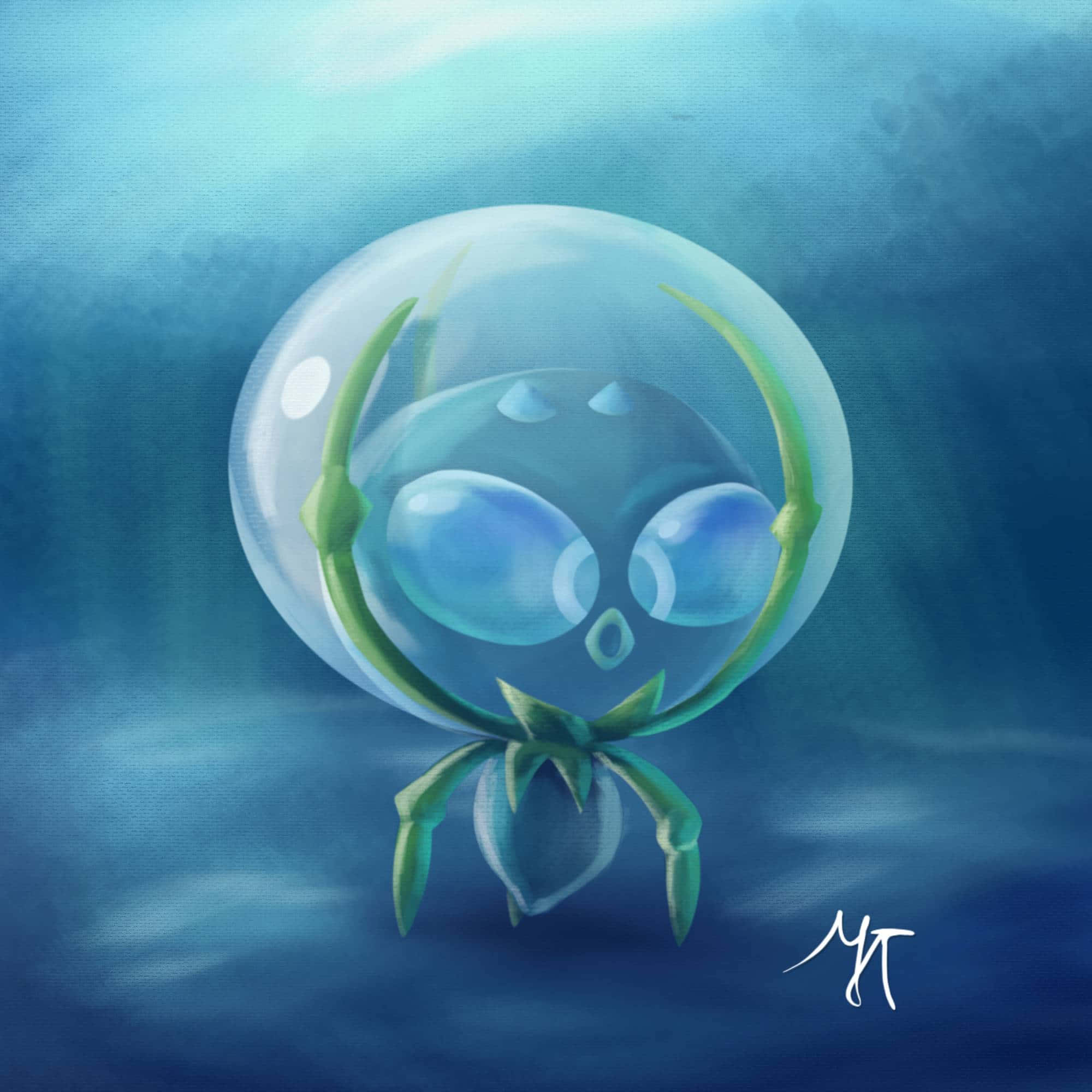 動漫 桌布 壁紙 — 一個可愛的外星生物，有著大大的藍色眼睛，漂浮在一個透明泡泡內，周圍環繞著發光的綠色藤蔓，在深藍色的水下場景中。