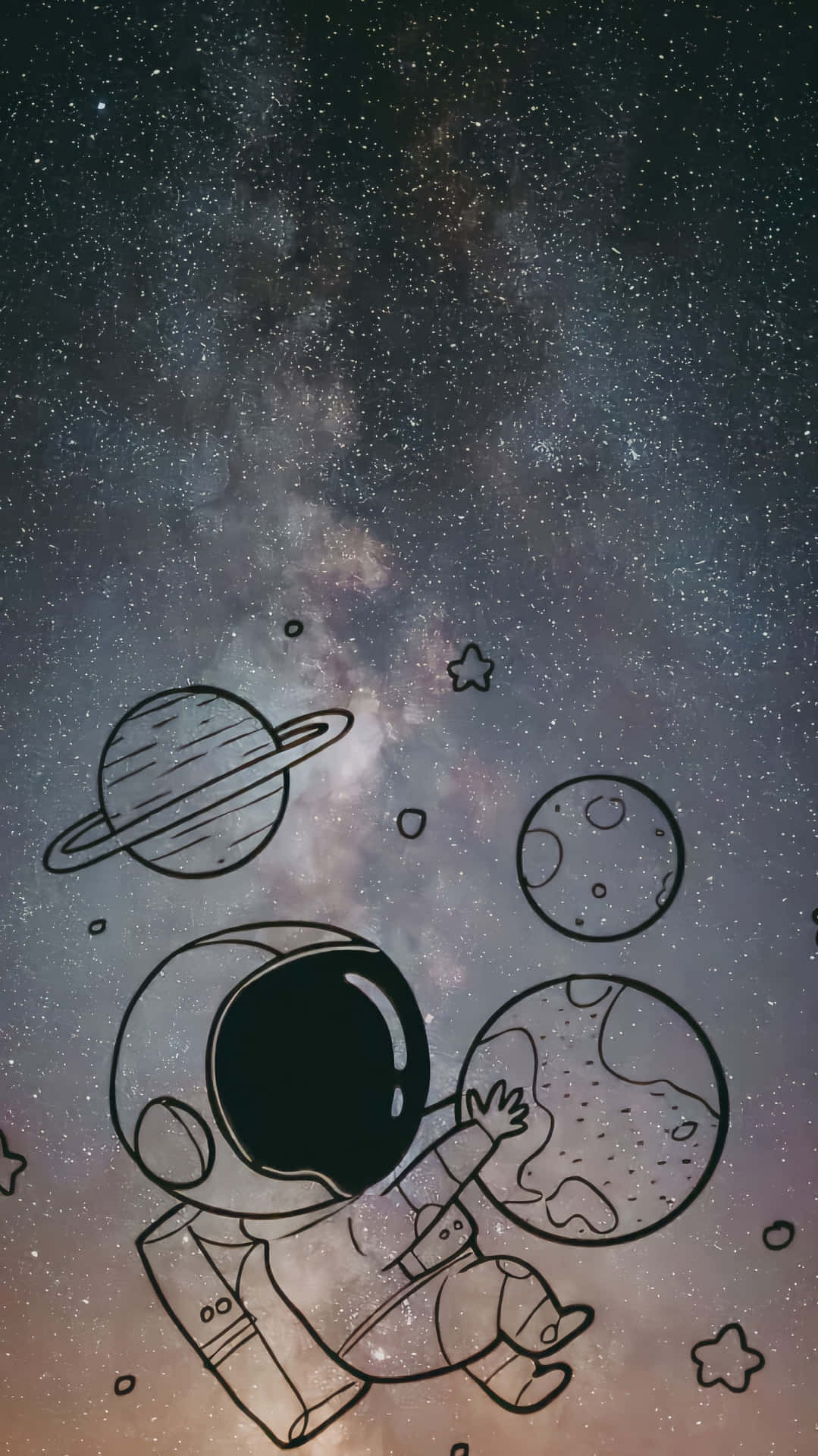  壁紙 — 一個可愛的太空人在充滿活力的宇宙背景下漂浮在行星和星星之間。