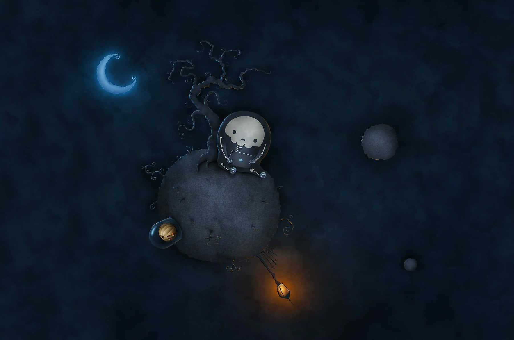 Halloween Skeleton 桌布 壁紙 — 一個可愛的太空人在太空漂浮，靠近新月和發光燈籠的浮石。