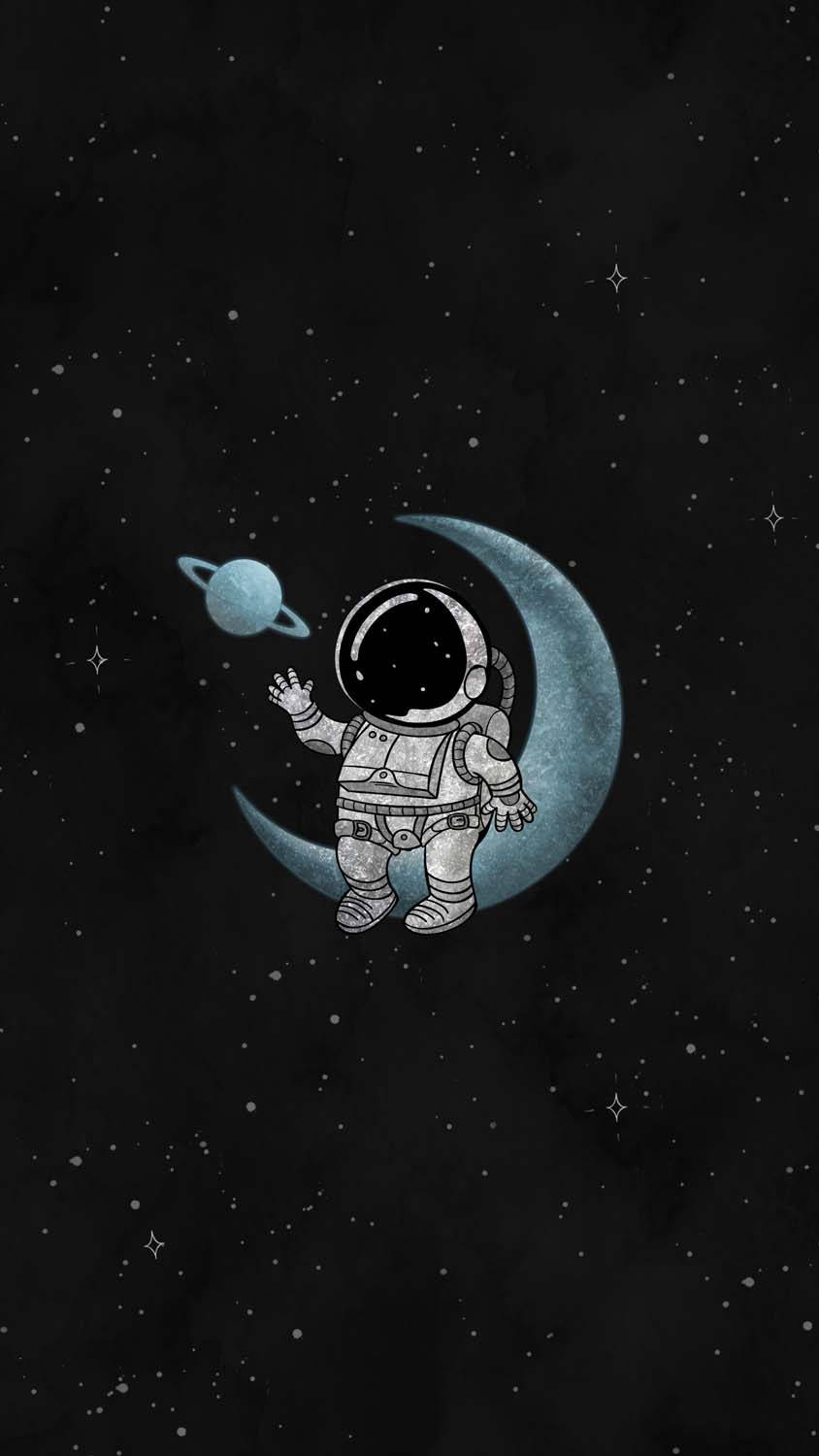 一個卡通太空人在太空中的新月上揮手，有藍色行星和星星。 — 太空人 壁紙