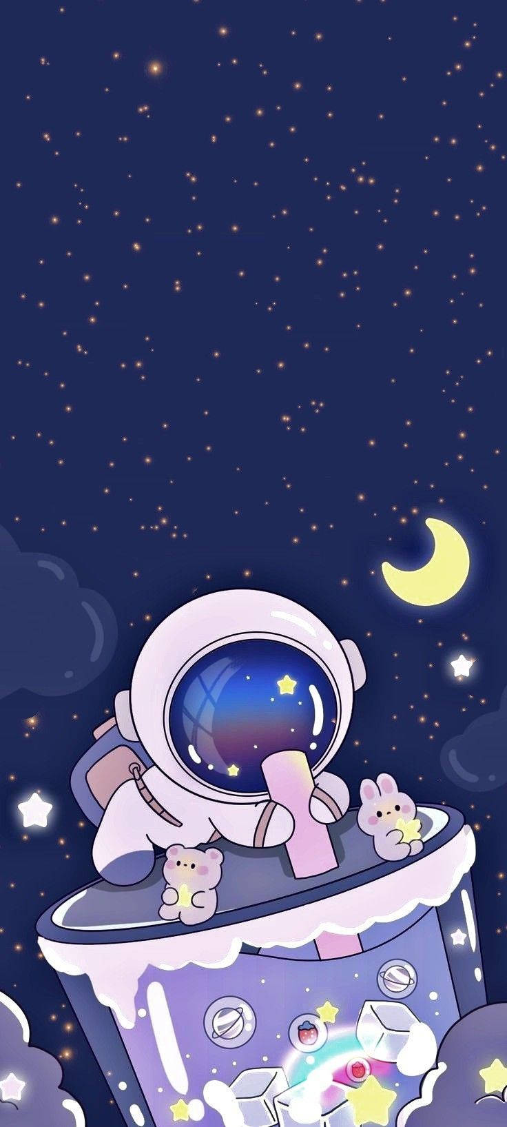  壁紙 — 一個可愛的太空人在紫色太空船裡，在星星和彎月之間漂浮，還有兩隻小兔子同伴。