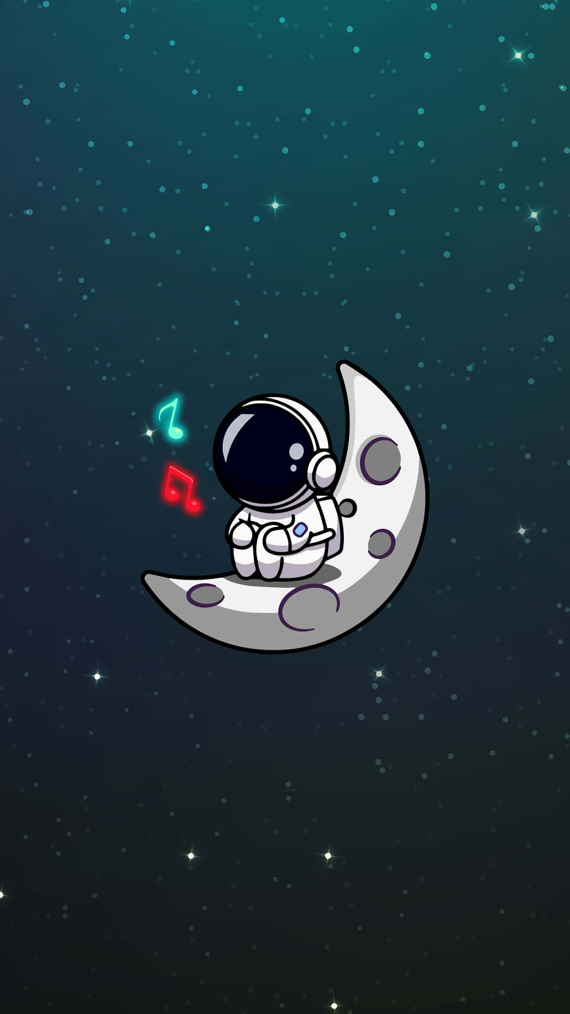 Pixel 3 Amoled 桌布 壁紙 — 一個可愛的太空人坐在新月上，在繁星點點的夜空下彈奏發光的吉他。