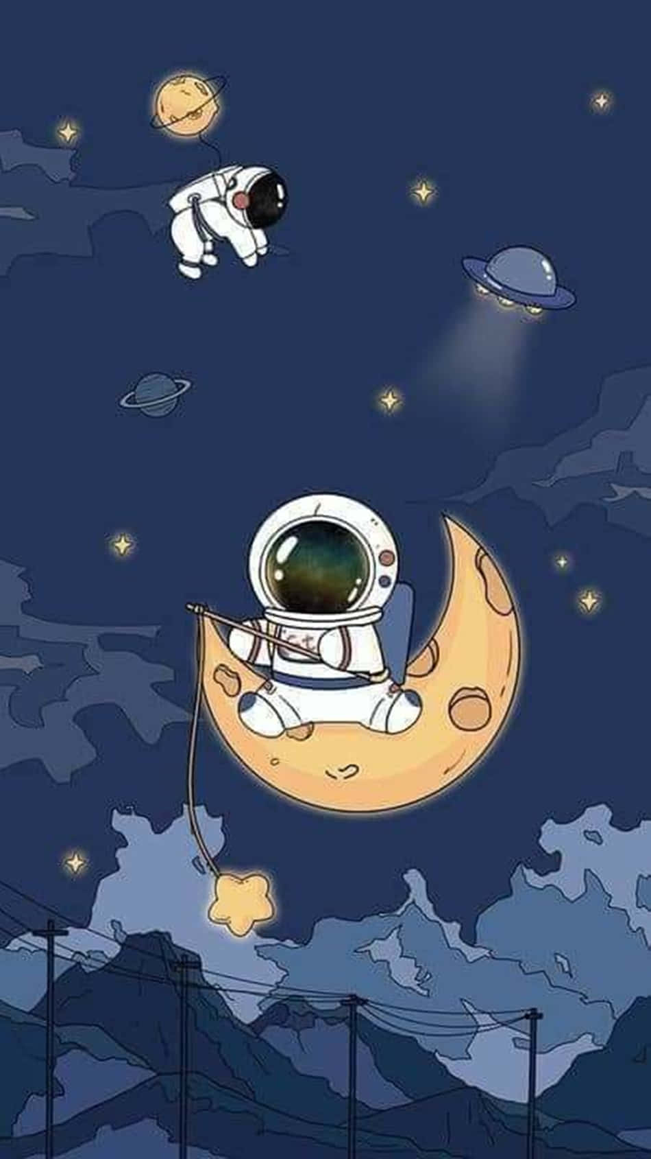 Astronaut iPhone 桌布 壁紙 — 一個可愛的太空人坐在新月上，手持一顆星星，另一個太空人則與UFO和行星一起漂浮在繁星點點的夜空中。