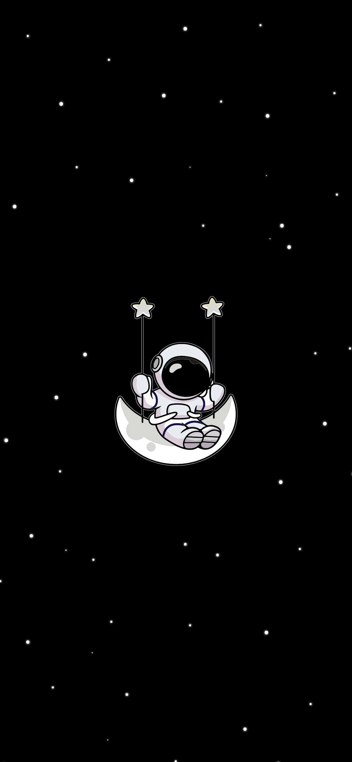 Cute Dark 桌布 壁紙 — 一個可愛的太空人坐在新月形鞦韆上，手握星形繩索，背景是繁星點點的夜空。