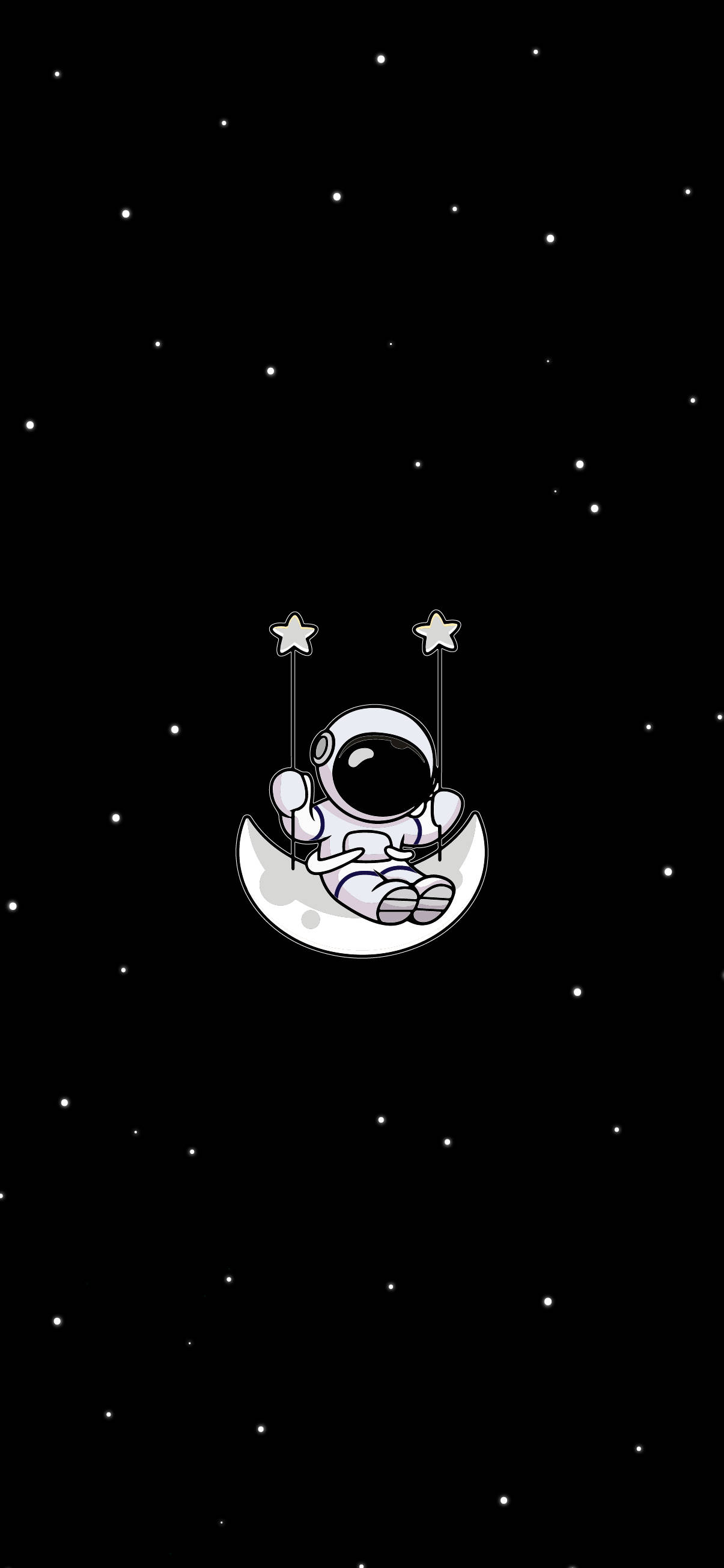 太空人美學 桌布 壁紙 — 一個可愛的太空人坐在新月形鞦韆上，手握星形手柄，背景是佈滿星星的黑色天空。