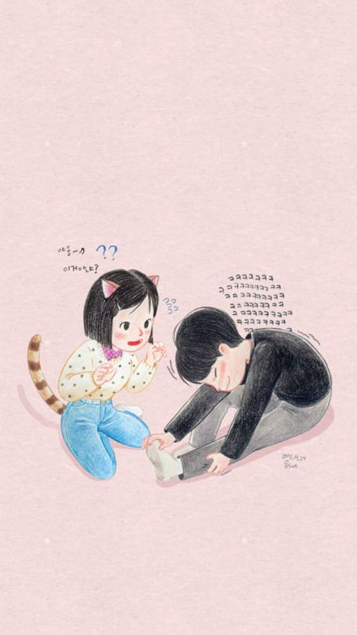 Reply 1988 桌布 壁紙 — 一個可愛的女孩，有貓耳朵和尾巴，看著一個男孩在柔和的粉紅色背景上伸展，周圍漂浮著問號。