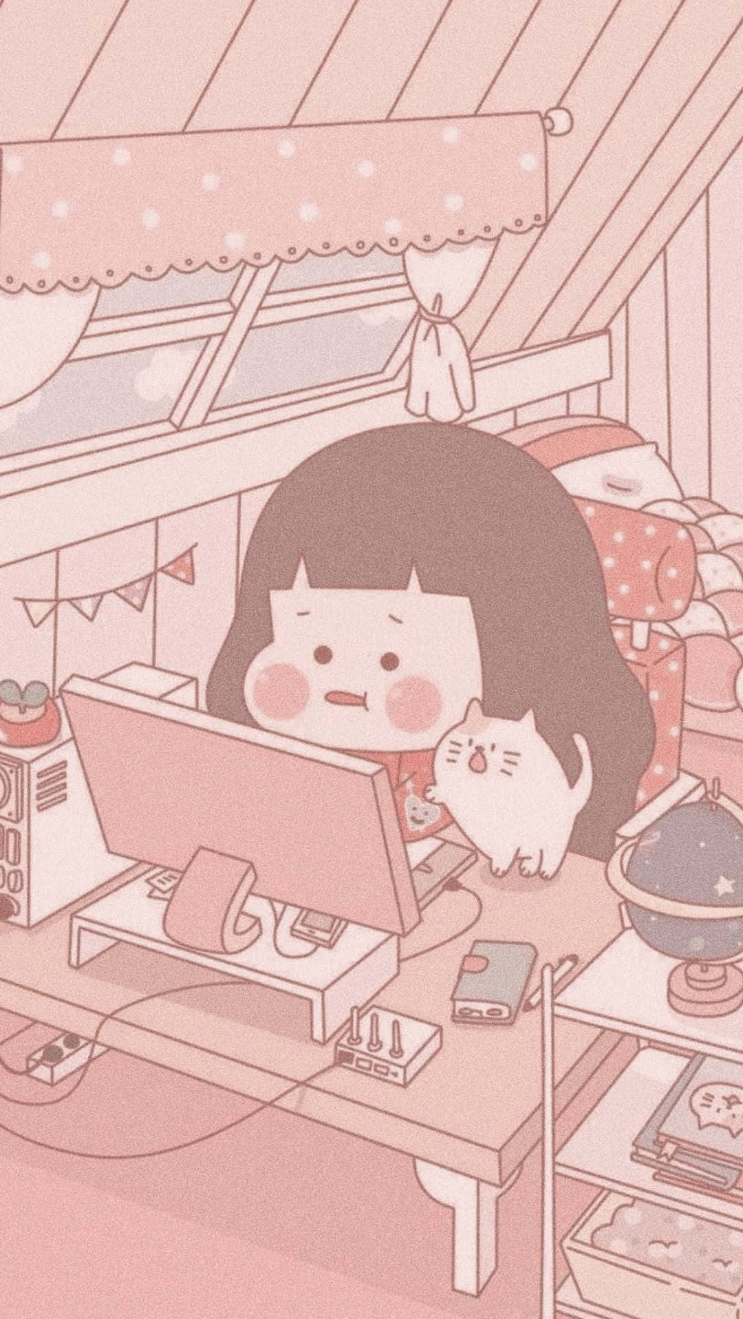 Q版動圖 桌布 壁紙 — 一個可愛的女孩和一隻貓坐在舒適的粉紅色閣樓房間的書桌前，周圍環繞著書籍和地球儀。