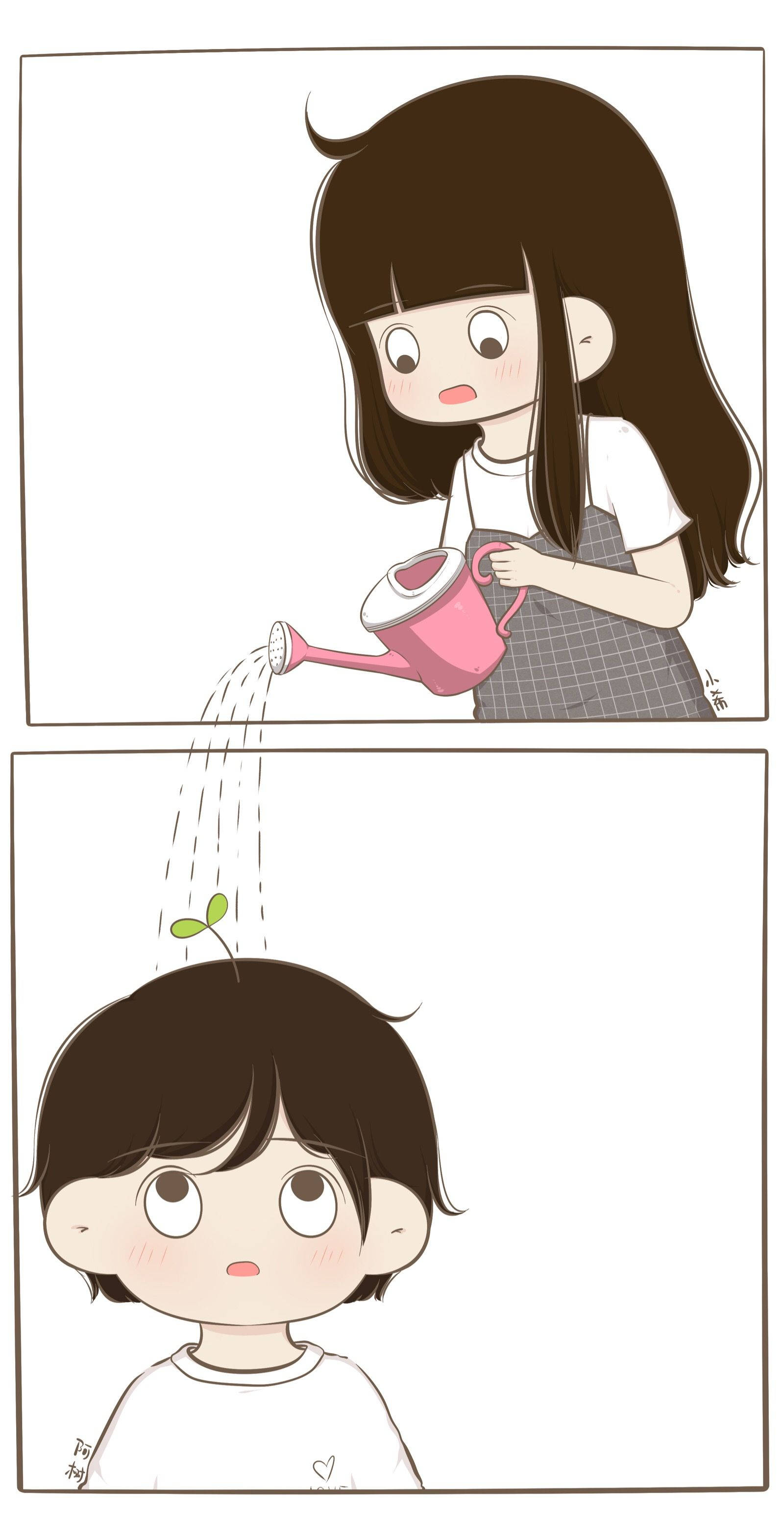 情侶 桌布 壁紙 — 一個可愛的女孩用粉紅色的水壺澆水在一個男孩頭上長出來的植物幼苗。