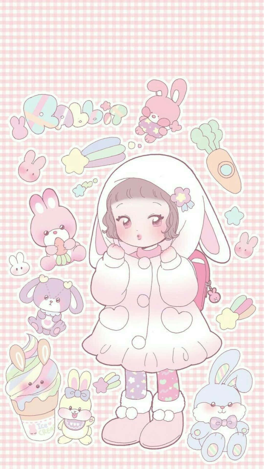 Kawaii Art 桌布 壁紙 — 一個可愛的女孩穿著兔子連帽外套，站在粉紅色格子背景上，周圍是粉彩兔子貼紙。