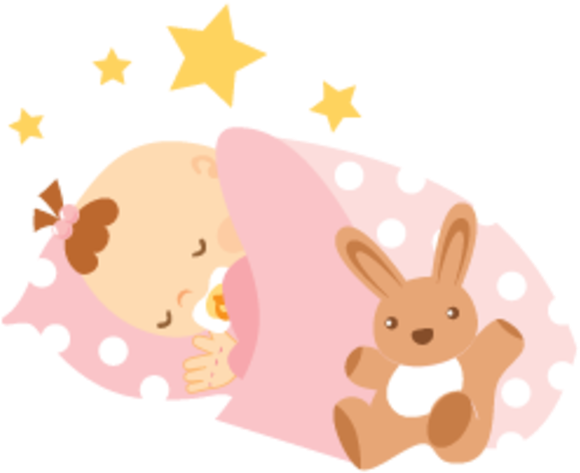 睡眠 桌布 壁紙 — 一個可愛的嬰兒在粉紅色圓點毯子裡安詳地睡覺，旁邊有棕色兔子玩具和上方發光的黃色星星。