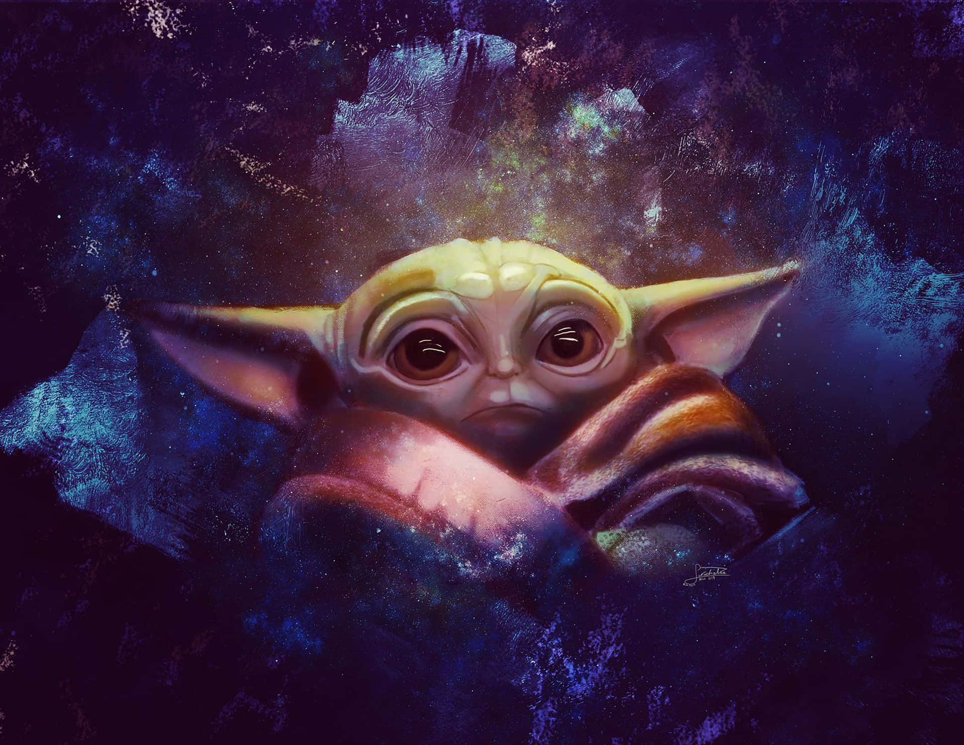 尤達寶寶 桌布 壁紙 — 一個可愛的嬰兒尤達裹著毯子，在閃爍星雲的宇宙星空背景下向前凝視。