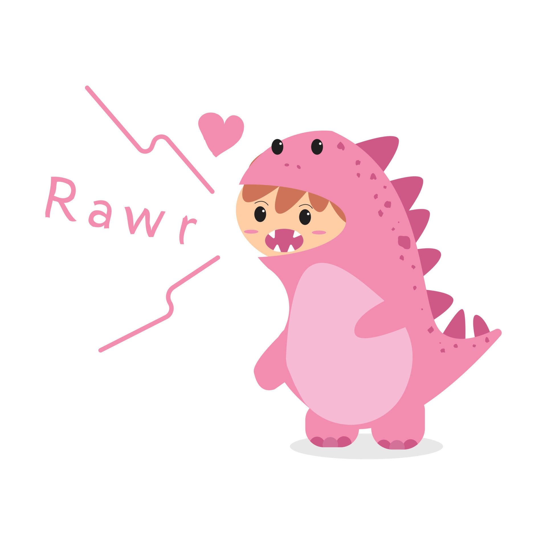 Cute Dinosaur 桌布 壁紙 — 一個可愛的孩子穿著粉紅色恐龍服裝，附近有心形和 'Rawr' 文字。