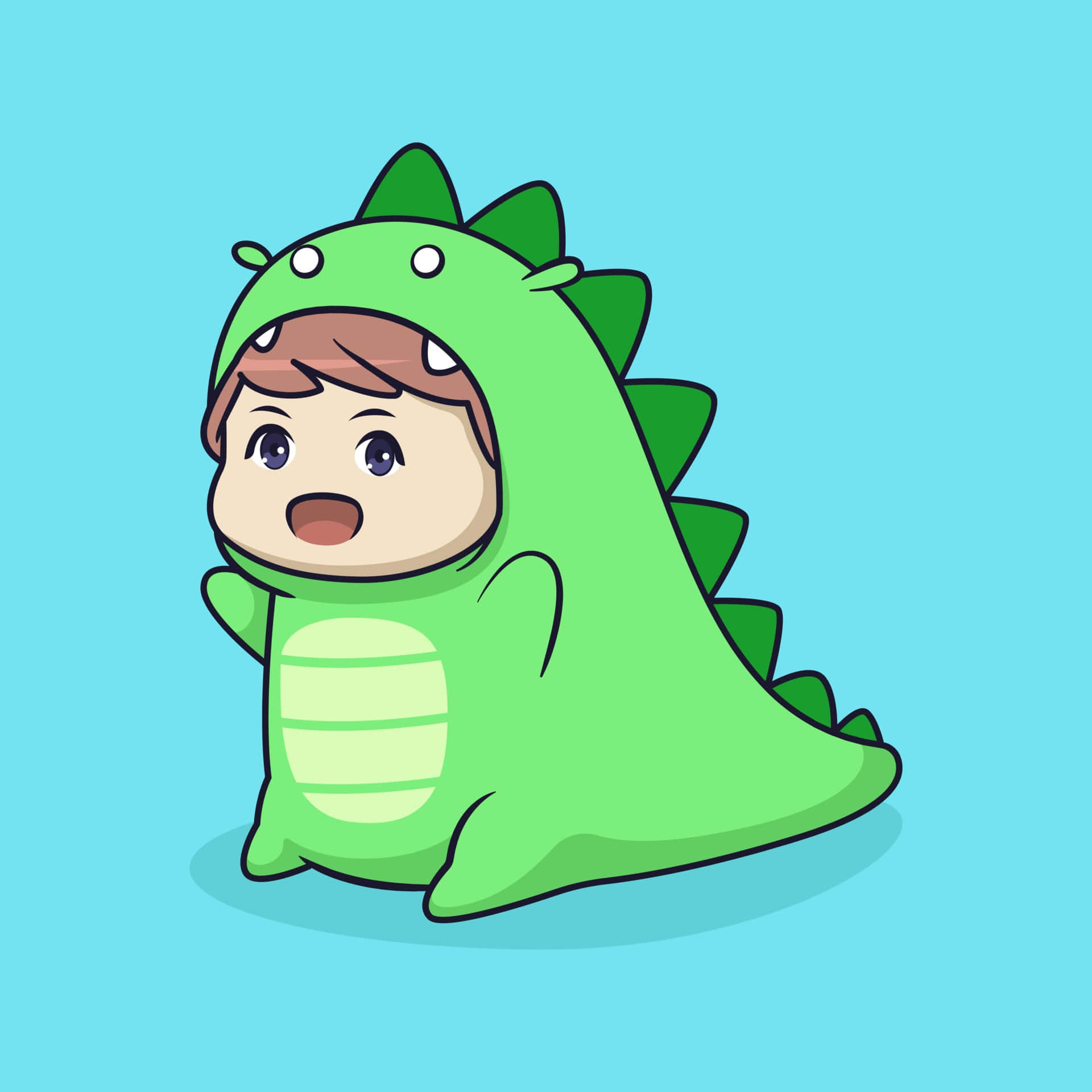 Dino 桌布 壁紙 — 一個可愛的孩子穿著綠色恐龍服裝，大眼睛，表情驚訝，背景為純藍色。