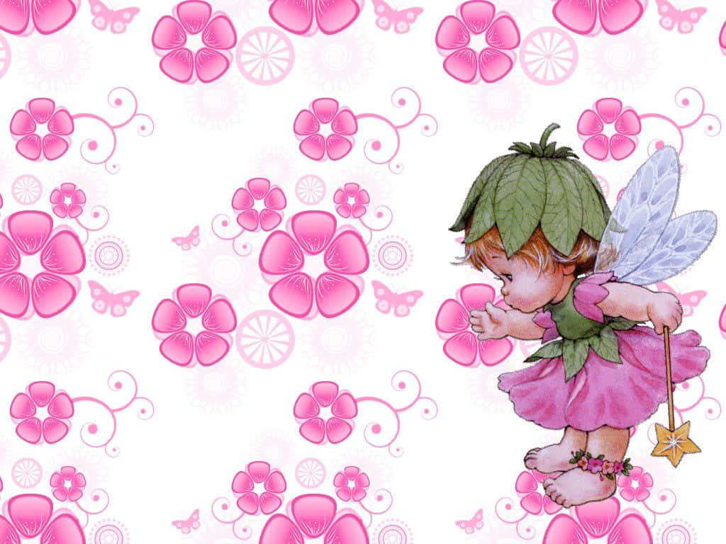 Cute Fairy 桌布 壁紙 — 一個可愛的插圖仙子，戴著葉子帽，穿著粉紅色裙子，在粉紅色花朵和蝴蝶圖案中拿著星星魔杖。