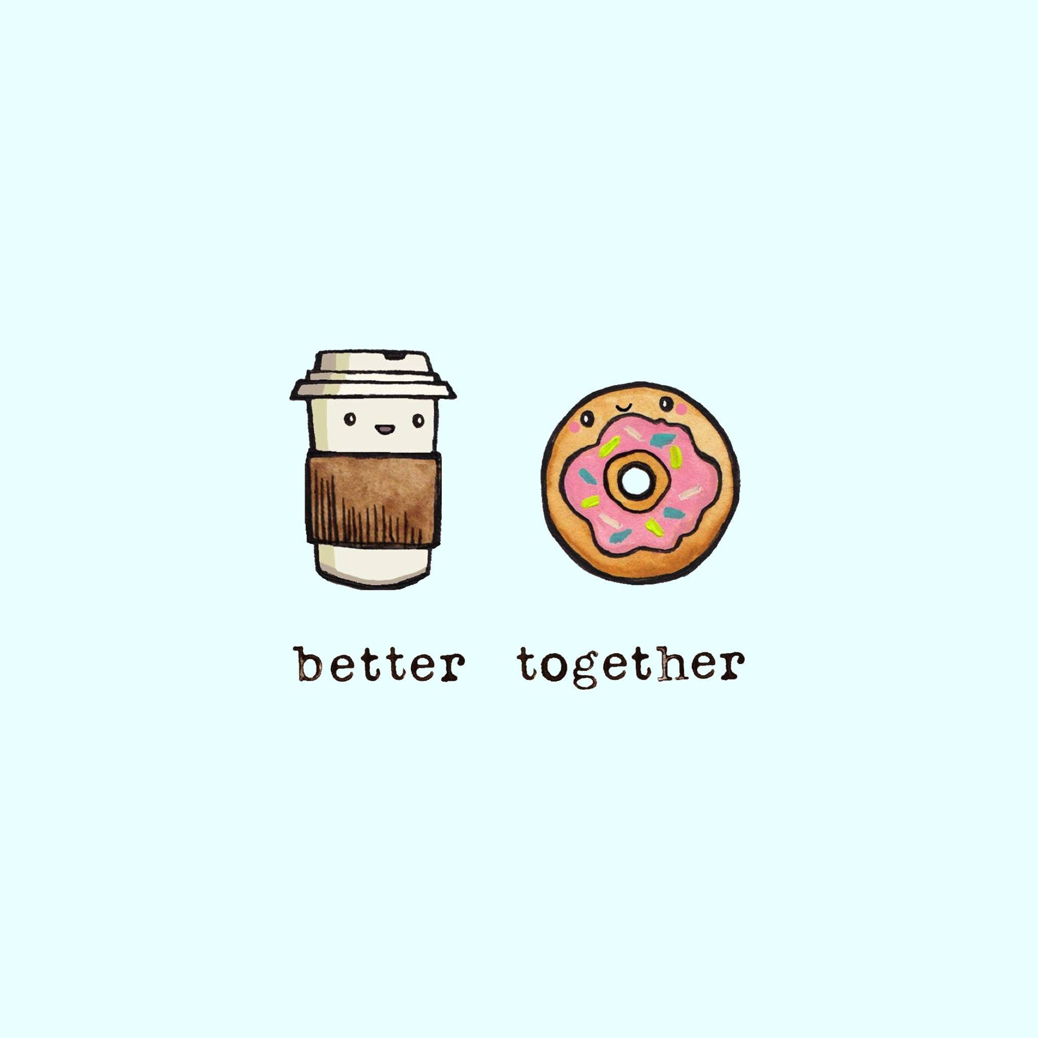 Bestie 桌布 壁紙 — 一個可愛的插圖咖啡杯和粉紅色糖霜甜甜圈，帶著笑臉，並排坐在柔和的藍色背景前。