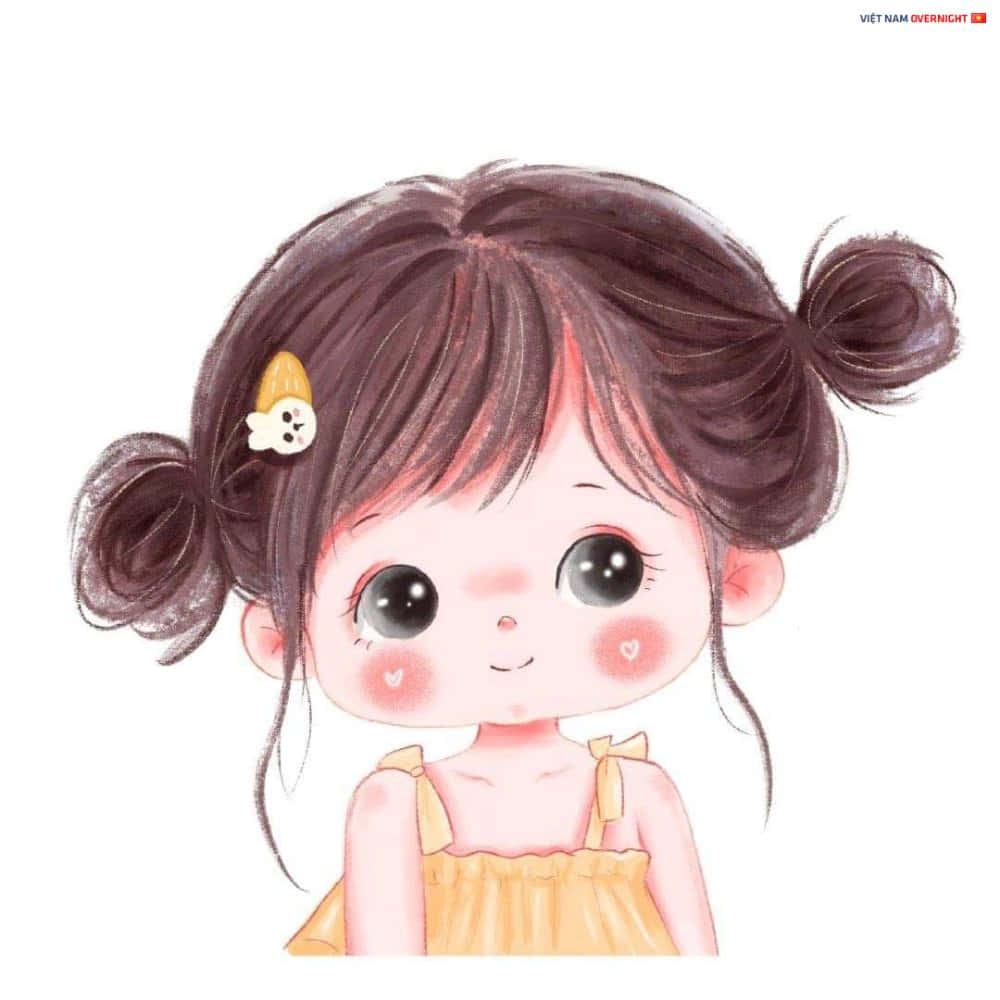 Cute Girl 桌布 壁紙 — 一個可愛的插圖女孩，梳著棕色辮子，穿著黃色連衣裙，在純白色背景上溫柔地微笑。