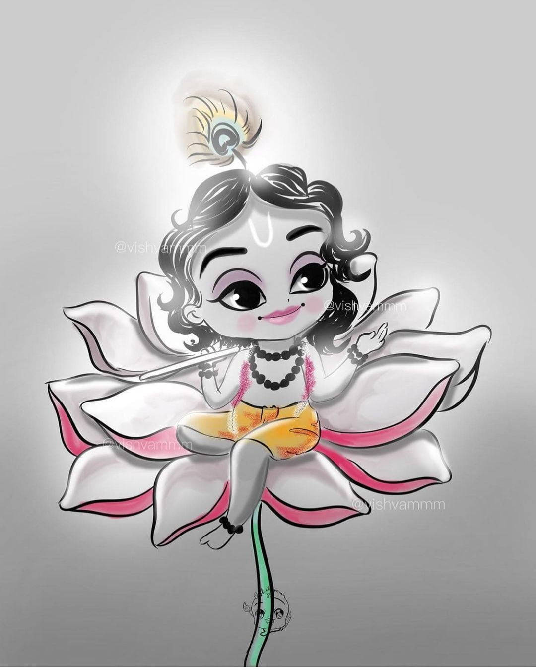 克里希那 高畫質壁紙 桌布 壁紙 — 一個可愛的插圖嬰兒克里希納，頭戴孔雀羽毛，微笑著坐在粉紅色和白色的蓮花上。