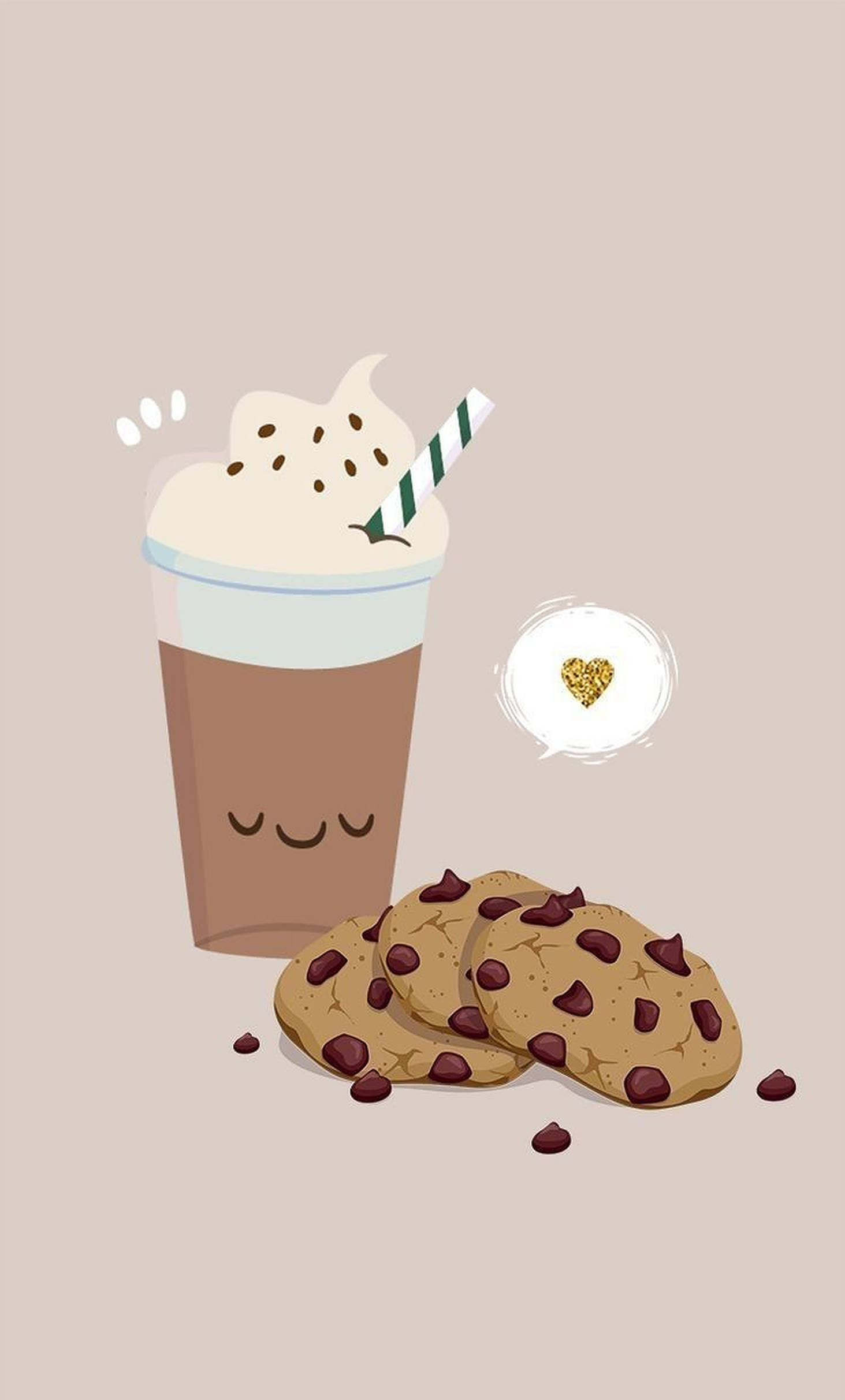 Cookies 桌布 壁紙 — 一個可愛的插圖巧克力奶昔，帶有笑臉和條紋吸管，旁邊放著巧克力曲奇，附近漂浮著一個金色的心形。