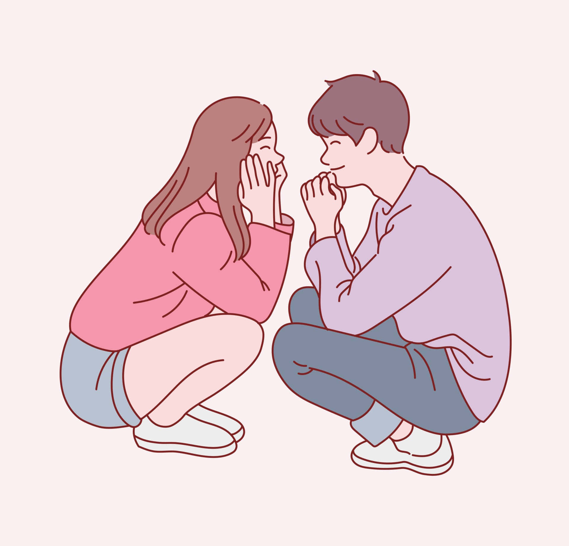 Couple Cartoon 桌布 壁紙 — 一個可愛的插圖情侶蹲著面對面，害羞地微笑，雙手靠近臉龐。