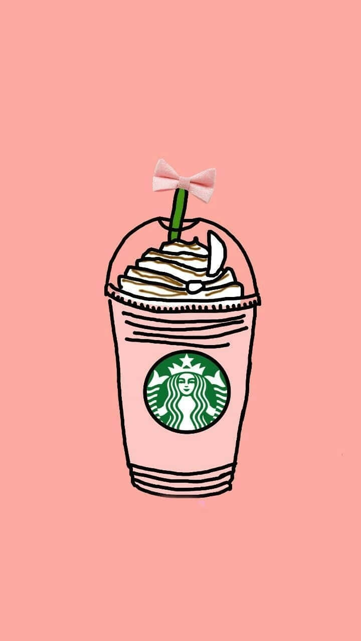 Aesthetic Starbucks 桌布 壁紙 — 一個可愛的插圖星巴克飲品，上面有鮮奶油和一個粉紅色蝴蝶結，背景是純粉紅色。