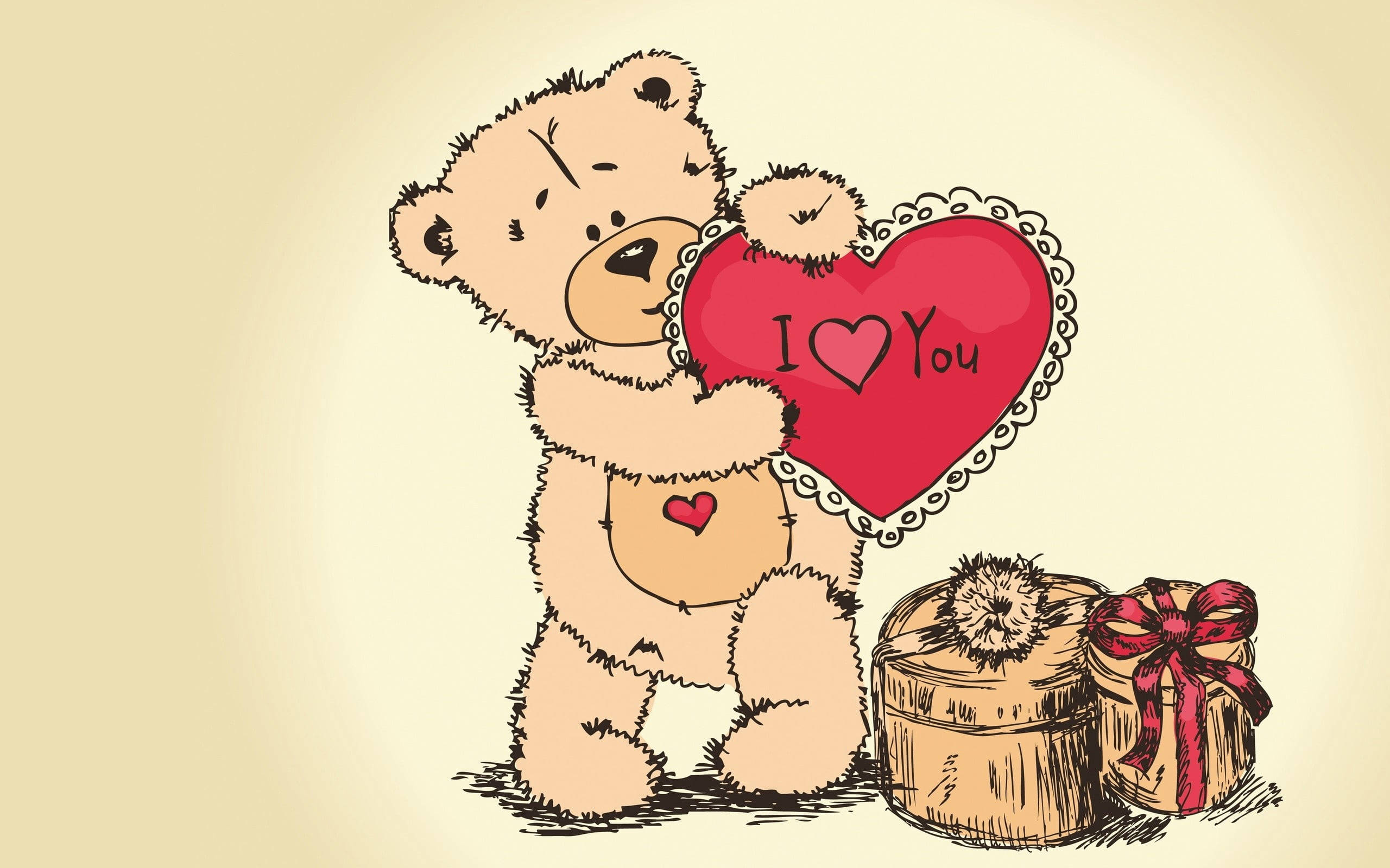 Love Drawings 桌布 壁紙 — 一個可愛的插圖泰迪熊拿著一個寫有 I Love You 的紅色心形，站在兩個禮物盒旁邊。