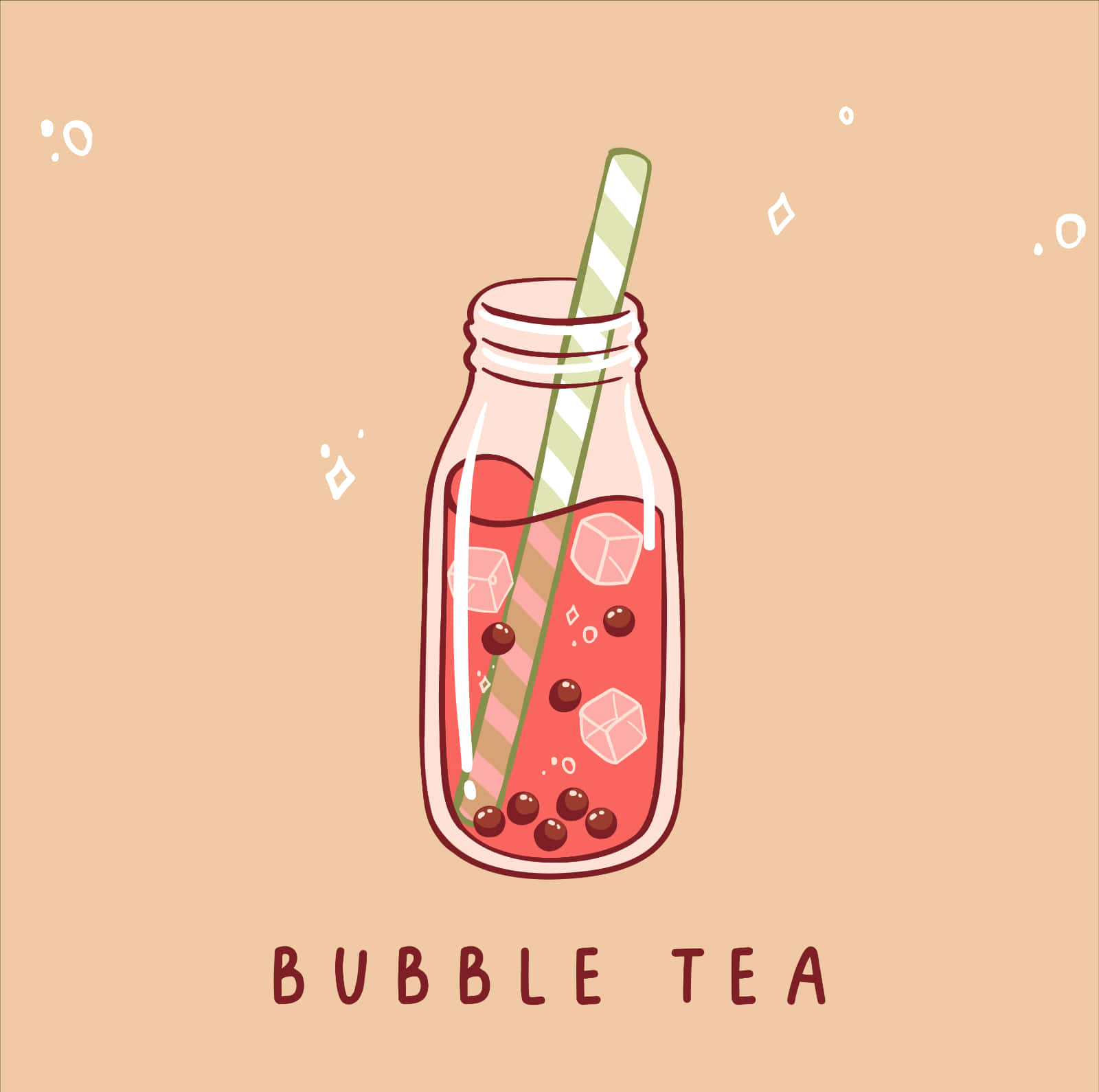 桌布 壁紙 — 一個可愛的插圖玻璃罐，裝滿粉紅色泡泡茶和冰塊，附有條紋吸管。
