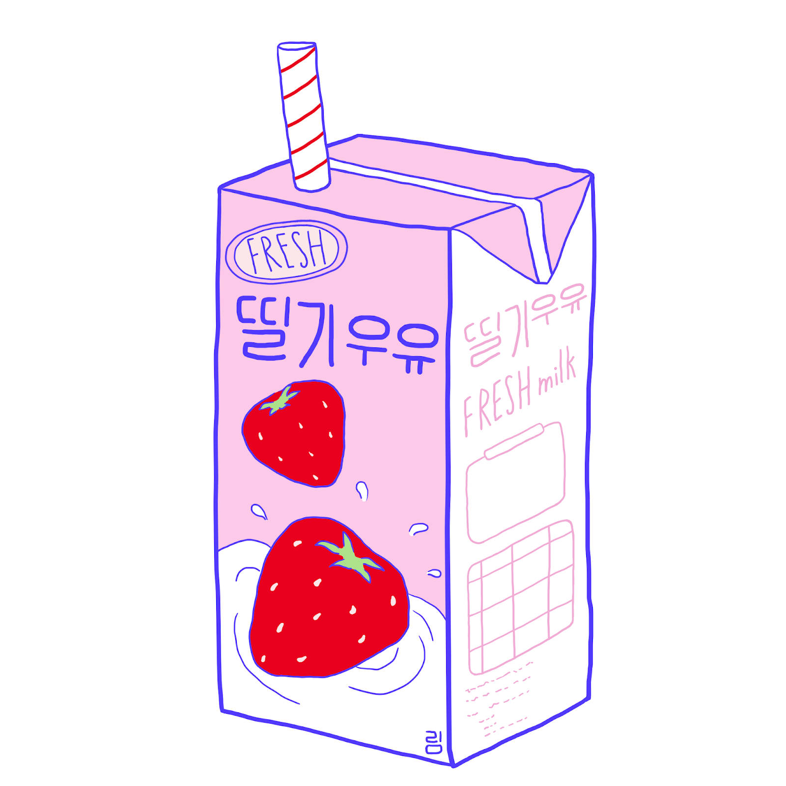 Strawberry Milk 桌布 壁紙 — 一個可愛的插圖粉紅色草莓牛奶盒，上面有紅色草莓和條紋吸管，背景為白色。