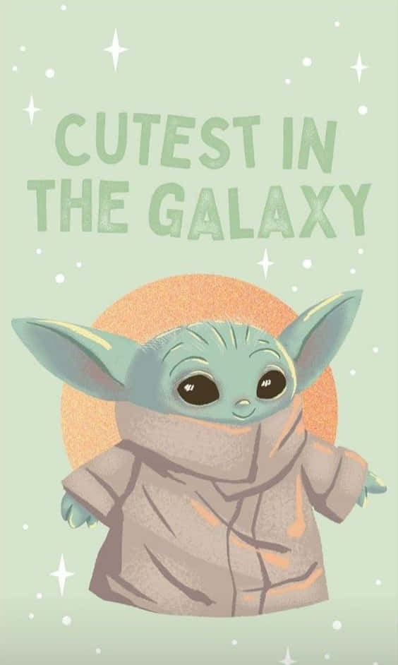Baby Yoda Cartoon 桌布 壁紙 — 一個可愛的插畫風格的Grogu，裹著長袍，背景是星空薄荷色，上面寫著cutest in the galaxy。
