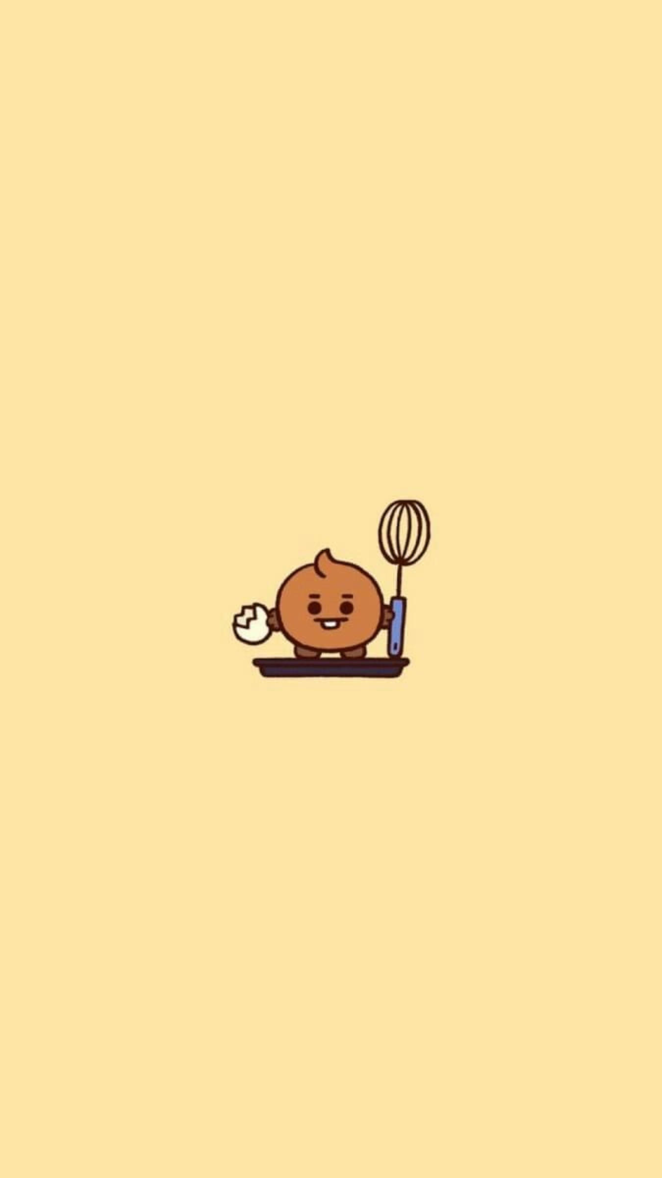 shooky bt21 桌布 壁紙 — 一個可愛的棕色卡通角色，拿著打蛋器和碗，在純淡黃色背景上開心地微笑。