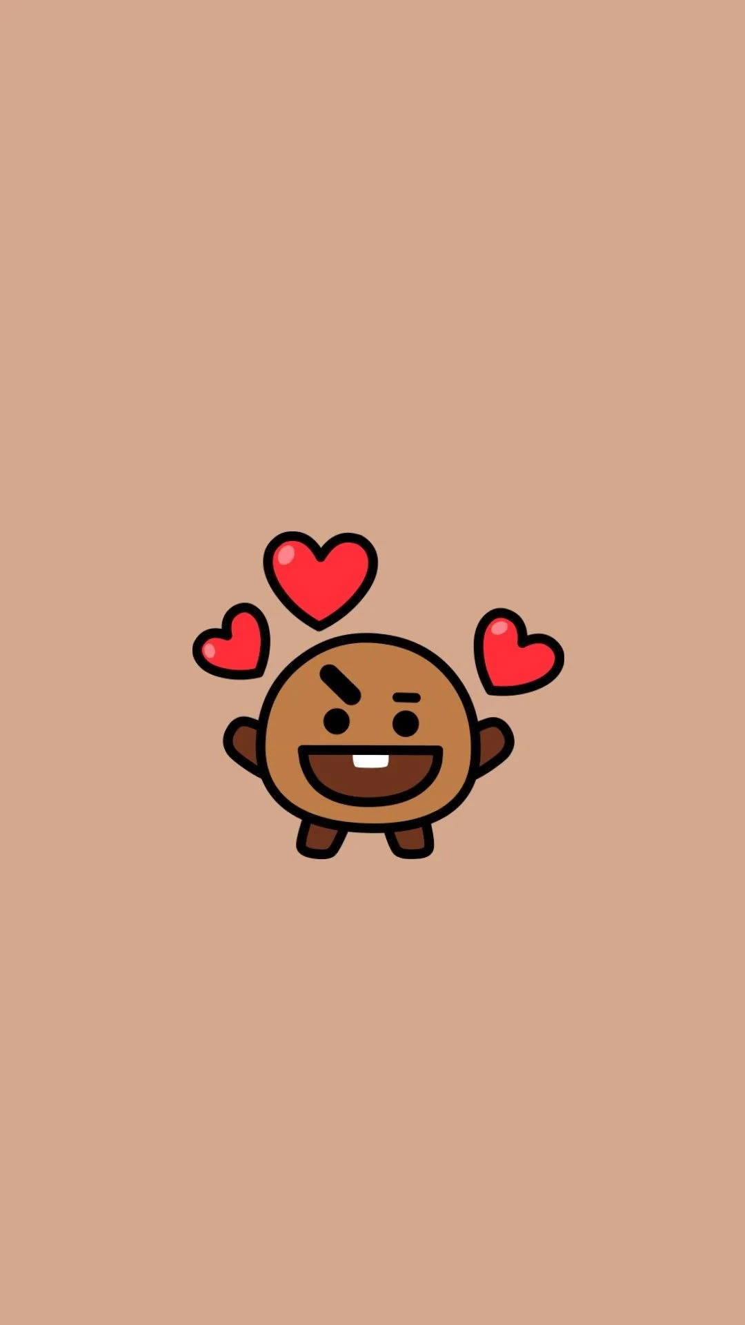 shooky bt21 桌布 壁紙 — 一個可愛的棕色卡通角色，頭部周圍有三個漂浮的紅色愛心，在純米色背景上開心地微笑。