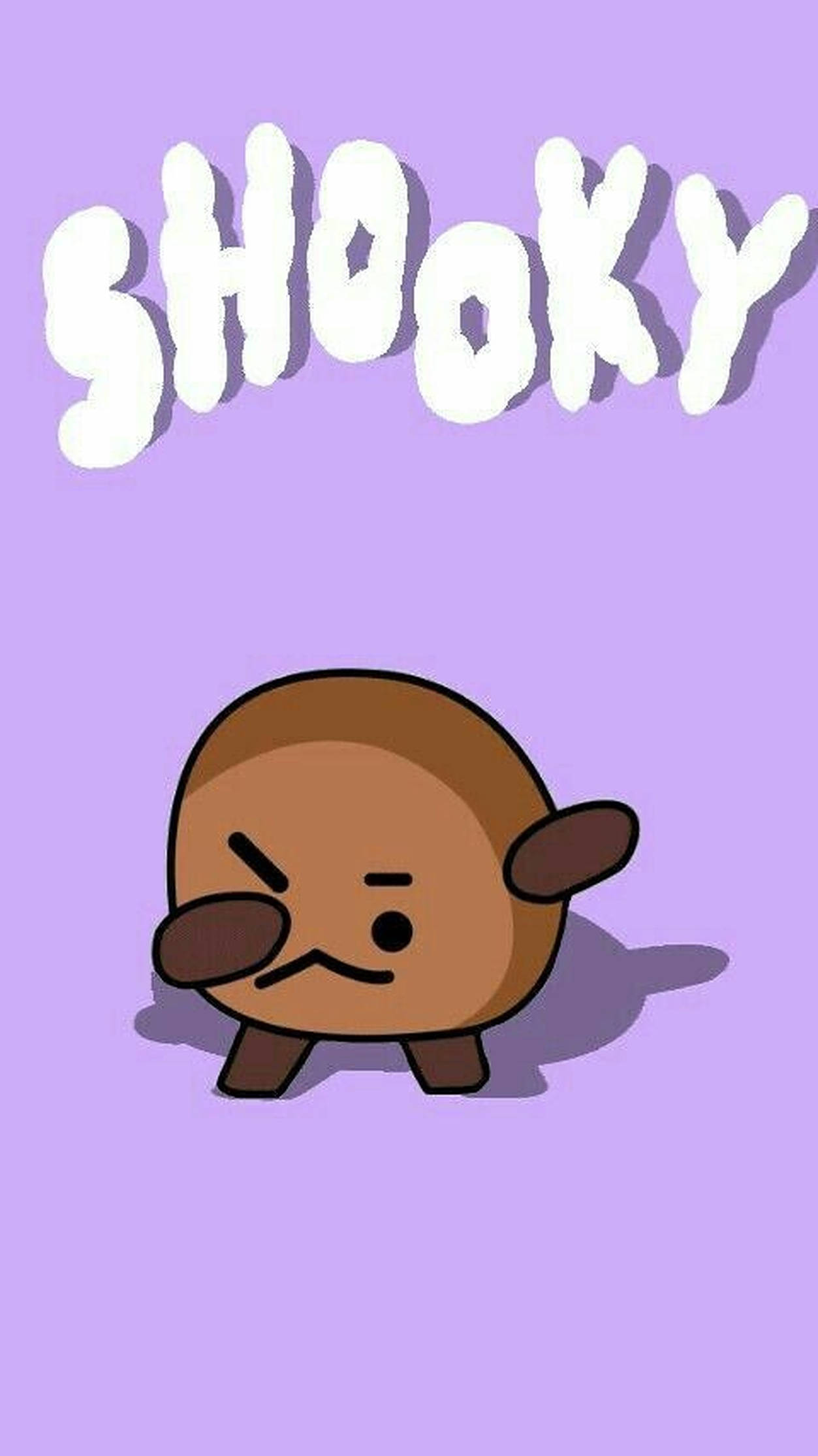 shooky bt21 桌布 壁紙 — 一個可愛的棕色卡通角色帶著不高興的表情，站在純薰衣草色背景上「SHOOKY」字樣的下方。