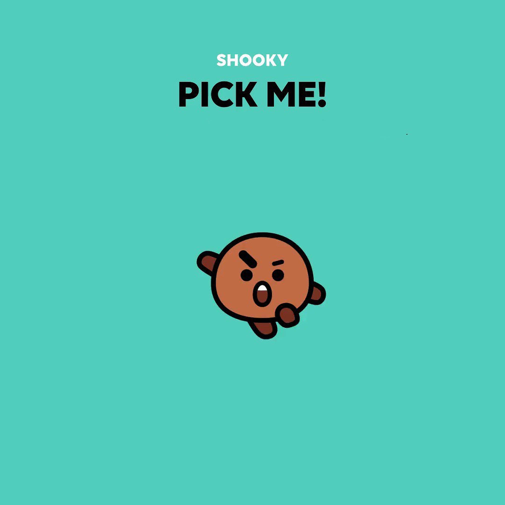 shooky bt21 桌布 壁紙 — 一個可愛的棕色卡通角色帶著憤怒的表情大喊「PICK ME!」，背景是純青色。