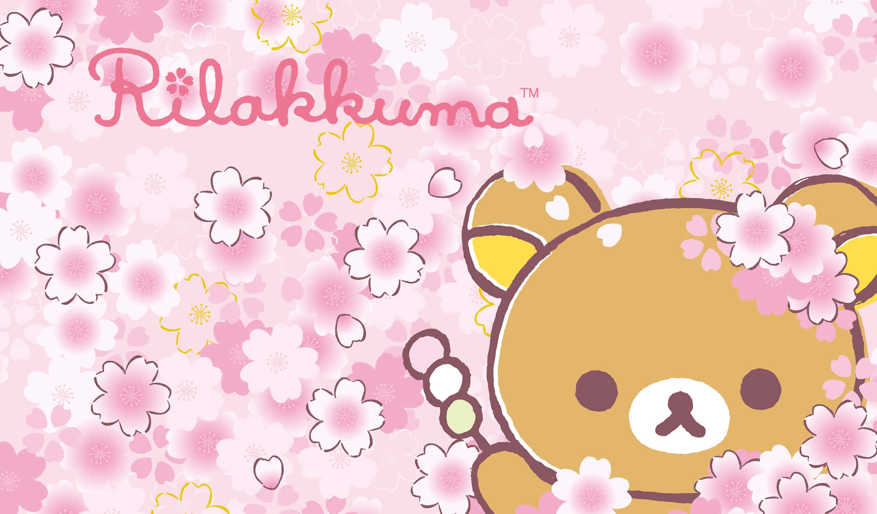 Kawaii Pink Aesthetic Desktop 桌布 壁紙 — 一個可愛的棕色熊角色在柔和的粉彩背景上透過粉紅色的櫻花窺視。