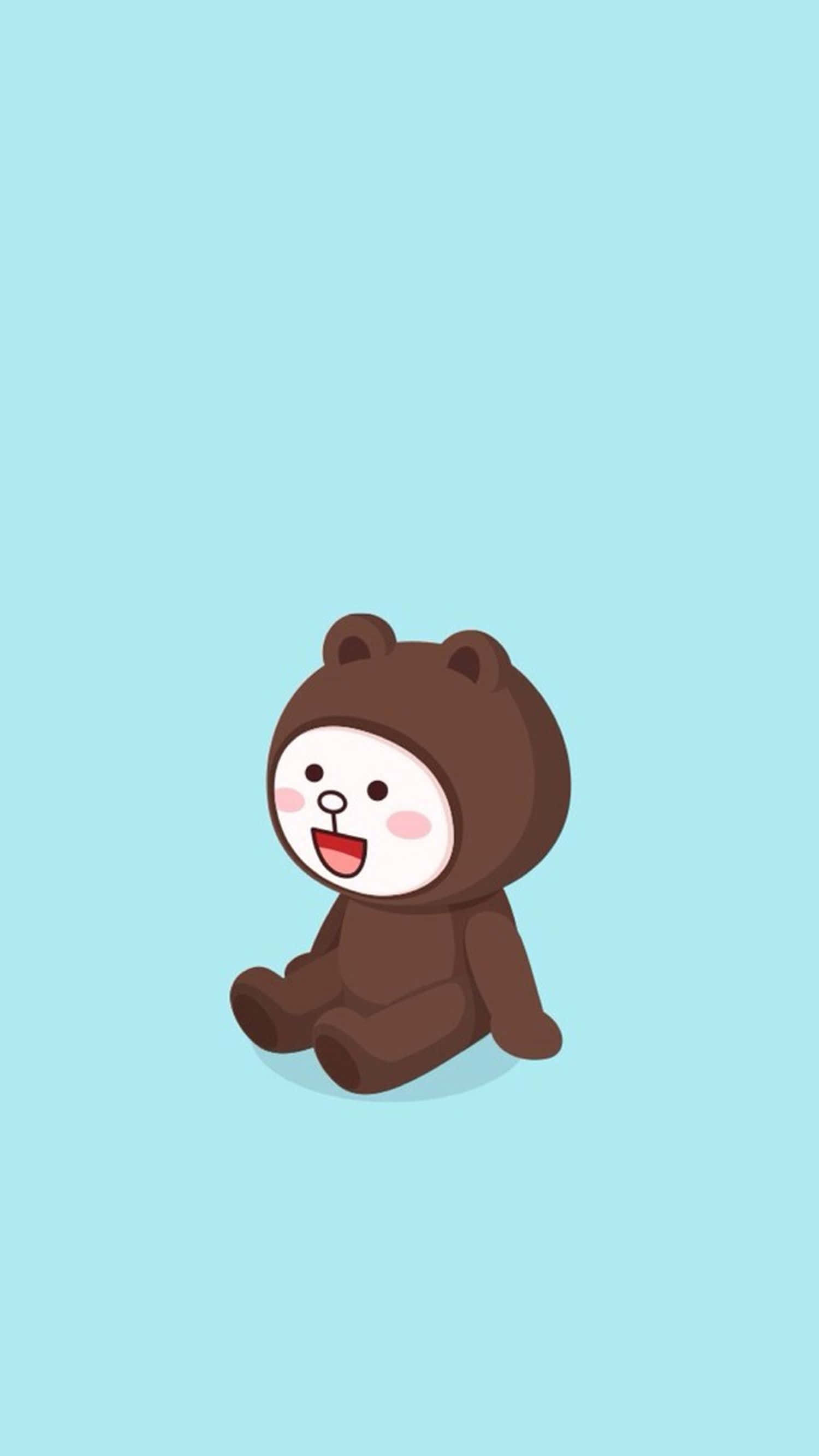 Cartoon Art 桌布 壁紙 — 一個可愛的棕色熊角色帶著開心的表情，坐在純淺藍色背景前。