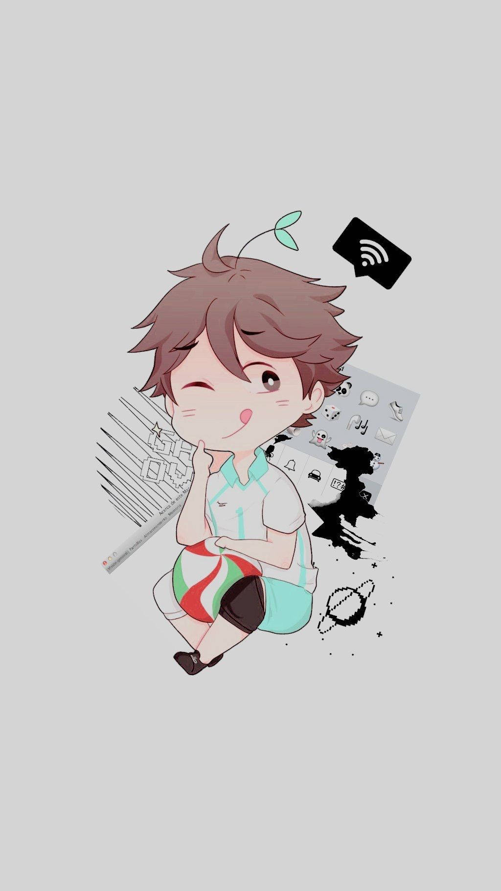 toru oikawa 桌布 壁紙 — 一個可愛的棕色頭髮Q版男孩眨眼，同時拿著一個被數字圖標和抽象潑濺包圍的彩色球。