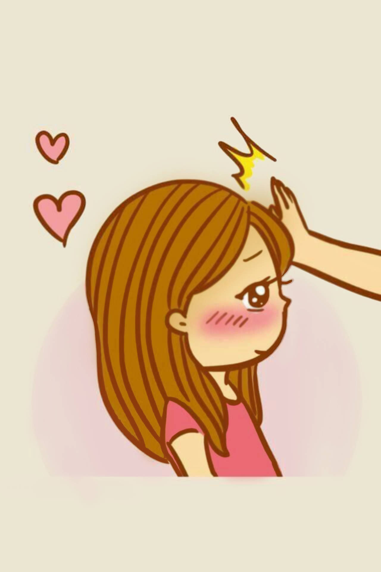 動漫女孩臉紅，一隻手拍她的頭，漂浮的愛心和閃光。 — 配對 GIF 壁紙