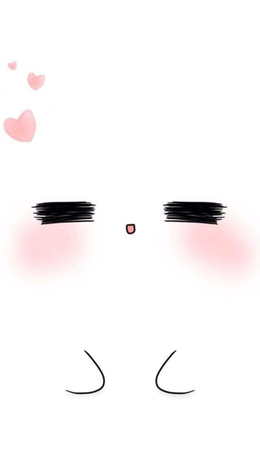 Kawaii Emoticon 桌布 壁紙 — 一個可愛的極簡主義卡通臉，閉著眼睛，玫瑰色臉頰，漂浮的粉紅色心形，背景是純白色。