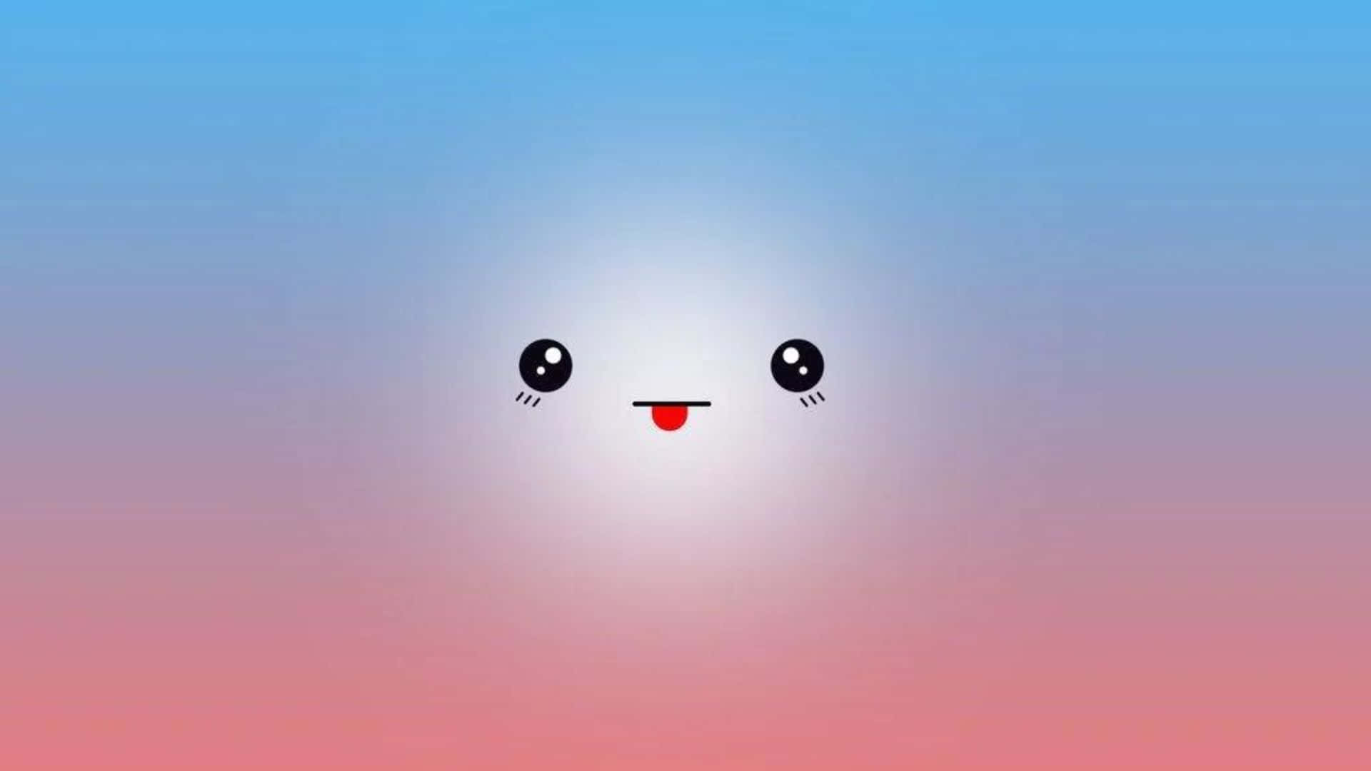 Kawaii Emoticon 桌布 壁紙 — 一個可愛的極簡主義臉孔，大眼睛和紅色舌頭伸出，背景是藍色和粉紅色的柔和漸變天空。