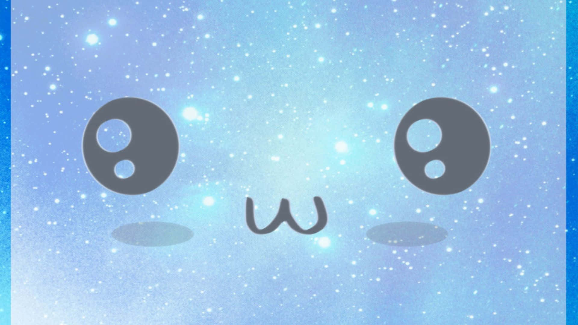 Kawaii Emoticon 桌布 壁紙 — 一個可愛的極簡卡通臉，有大眼睛和W形嘴巴，漂浮在閃爍的藍色星空背景上。