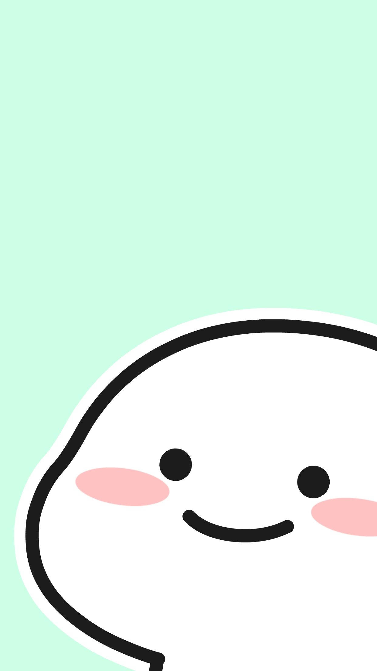 pentol 桌布 壁紙 — 一個可愛的極簡卡通角色，面帶微笑和玫瑰色臉頰，背景是柔和的薄荷綠色。