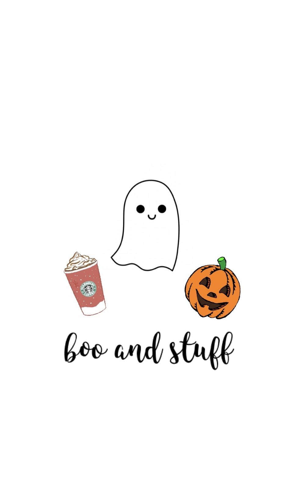 Cute Ghost 桌布 壁紙 — 一個可愛的極簡萬聖節桌布，有微笑的鬼魂、傑克南瓜燈和一杯星巴克南瓜拿鐵。