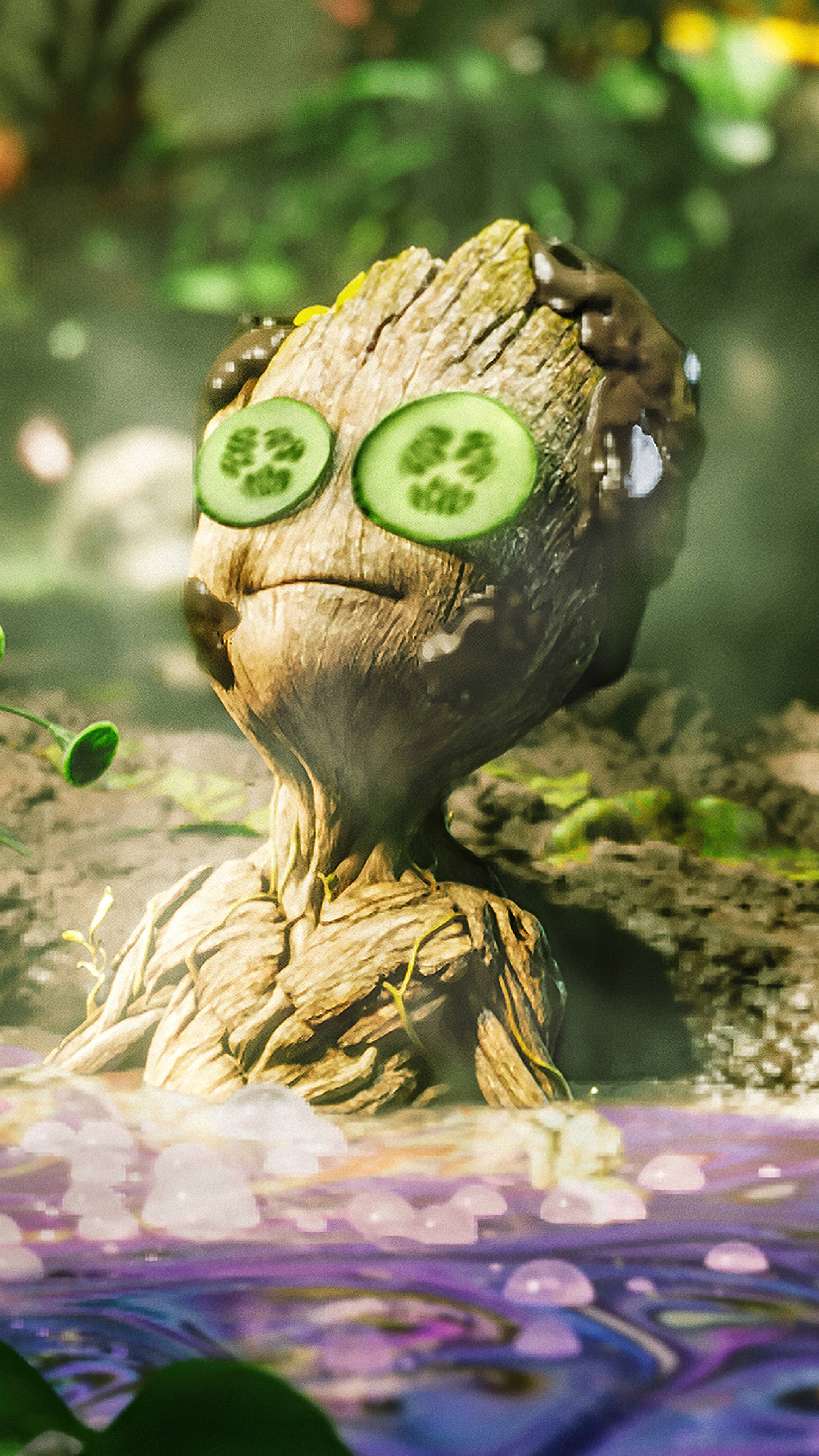 2160x3840 桌布 壁紙 — 一個可愛的樹狀生物，眼睛上放著黃瓜片，在一個被綠色植物環繞的紫色發光池塘中放鬆。