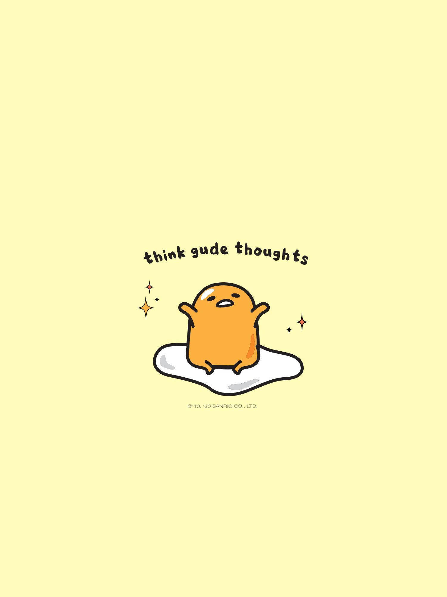 Gudetama Aesthetic 桌布 壁紙 — 一個可愛的橙色gudetama角色坐在白色雲朵上，背景是淡黃色，帶有閃光和文字think gude thoughts。